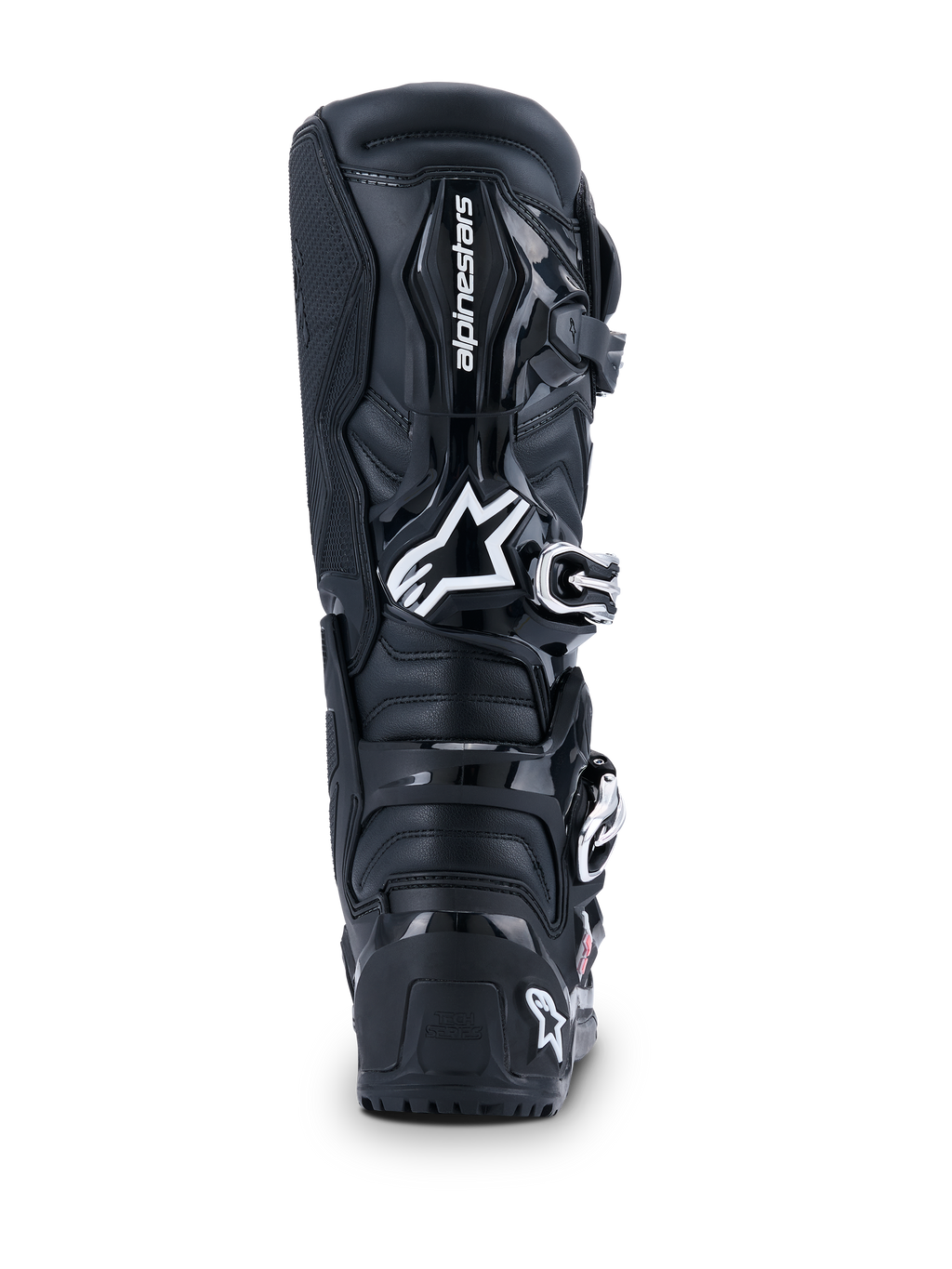 Alpinestars 2026 Tech 7 Enduro Drystar® støvler, motocross-støvler, sort, set bagfra med hvidt Alpinestars-logo på læggen, holdbare TPU-beskyttelsespaneler og robust konstruktion til off-road- og enduro-kørsel