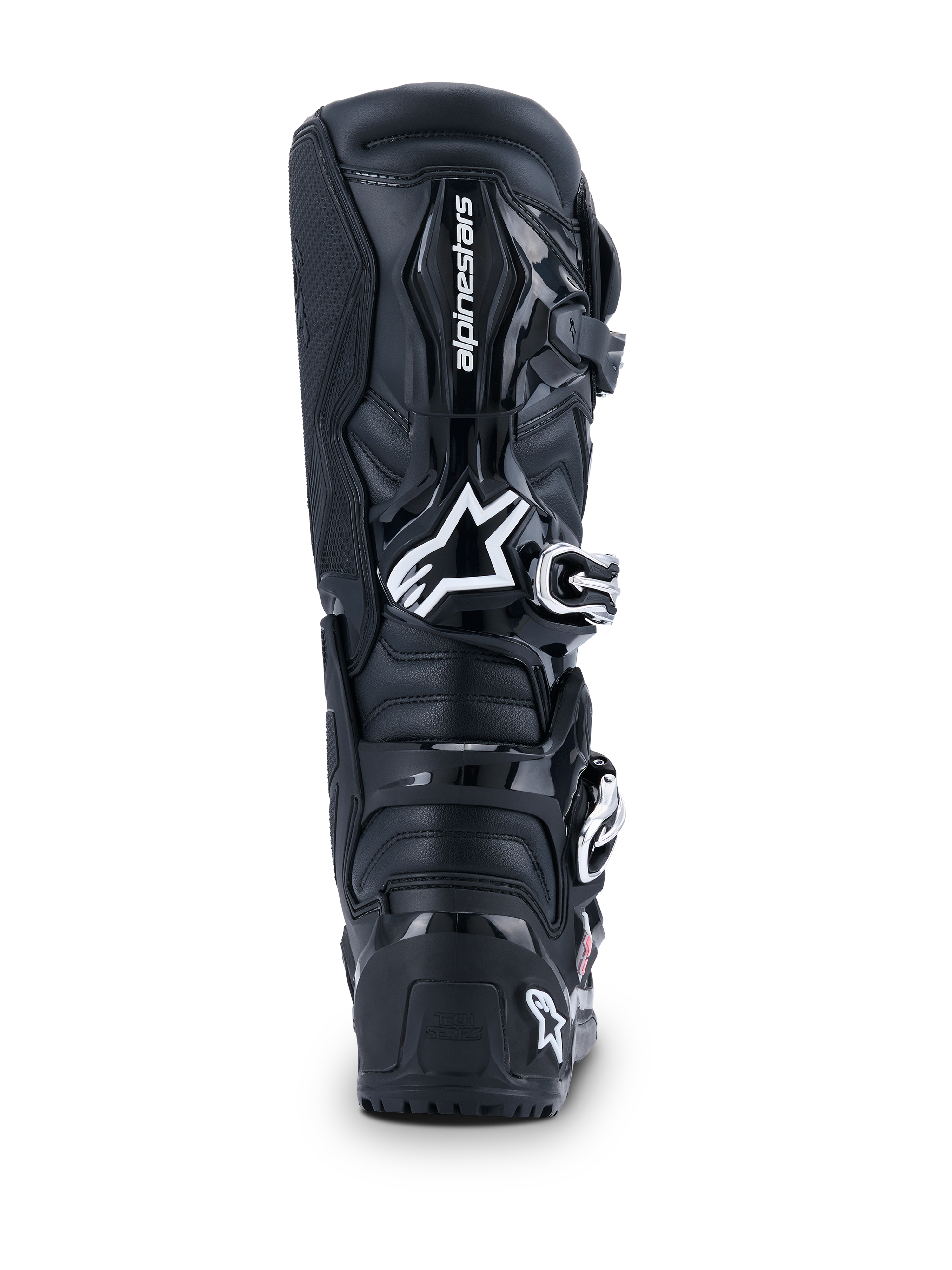 Alpinestars 2026 Tech 7 Enduro Drystar® støvler, motocross-støvler, sort, set bagfra med hvidt Alpinestars-logo på læggen, holdbare TPU-beskyttelsespaneler og robust konstruktion til off-road- og enduro-kørsel