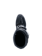 Alpinestars 2026 Tech 7 Enduro Drystar®-støvler, motocross-støvler, sort, set oppefra ned i den indvendige åbning, viser den forstærkede tåsektion og spændelukning, slidstærkt off-road beskyttelsesudstyr