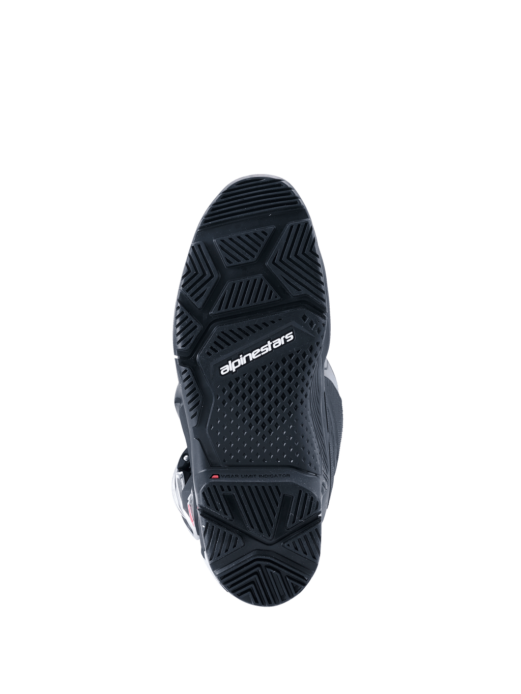 Alpinestars 2026 Tech 7 Enduro Drystar® støvler, sort, set nedefra af den specialiserede dual-compound enduro-sål, med geometriske mønstre for greb i alt terræn og hvidt Alpinestars-logo