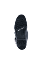 Alpinestars 2026 Tech 7 Enduro Drystar® støvler, sort, set nedefra af den specialiserede dual-compound enduro-sål, med geometriske mønstre for greb i alt terræn og hvidt Alpinestars-logo