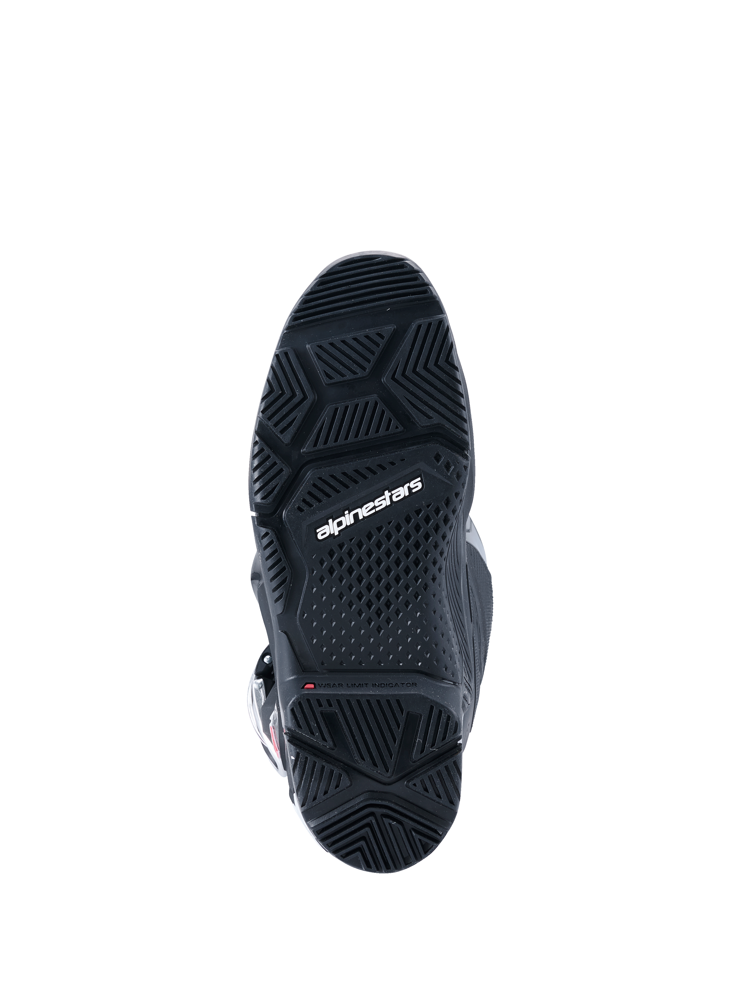 Alpinestars 2026 Tech 7 Enduro Drystar® støvler, sort, set nedefra af den specialiserede dual-compound enduro-sål, med geometriske mønstre for greb i alt terræn og hvidt Alpinestars-logo