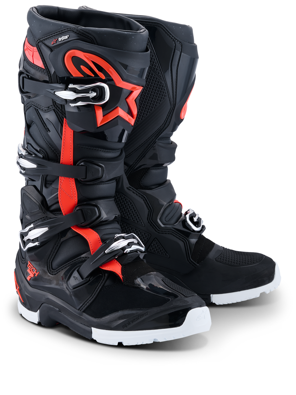Alpinestars 2026 Tech 7 Enduro Drystar® støvler, enduro motocross-støvler, sort, rød fluo og hvid, med fluorescerende røde detaljer og stjerne-logo, flere spændelukninger og slidstærke hvide såler til off-road kørsel