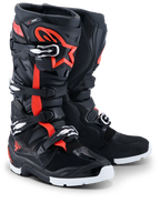 Alpinestars 2026 Tech 7 Enduro Drystar® støvler, enduro motocross-støvler, sort, rød fluo og hvid, med fluorescerende røde detaljer og stjerne-logo, flere spændelukninger og slidstærke hvide såler til off-road kørsel