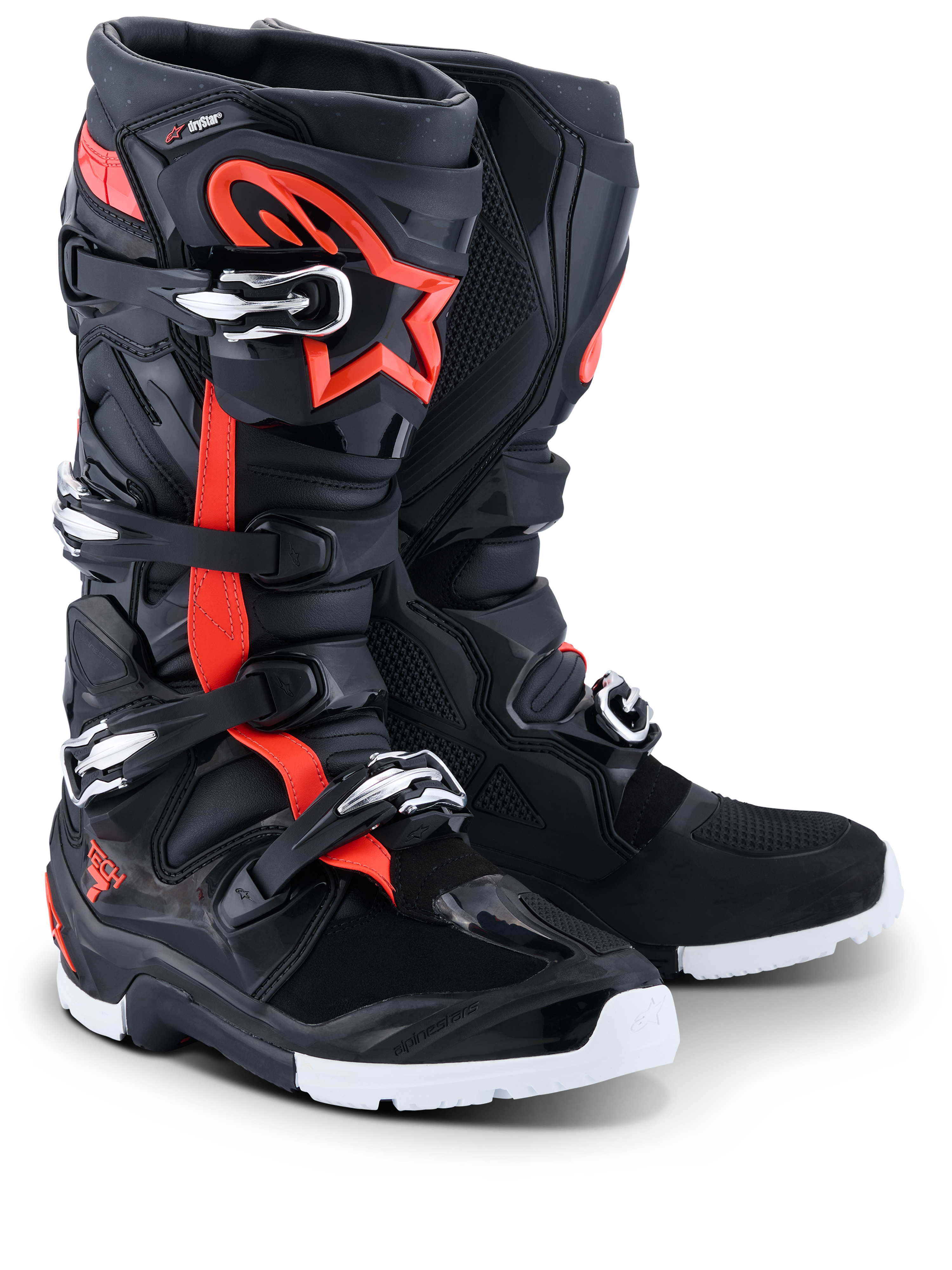 Alpinestars 2026 Tech 7 Enduro Drystar® støvler, enduro motocross-støvler, sort, rød fluo og hvid, med fluorescerende røde detaljer og stjerne-logo, flere spændelukninger og slidstærke hvide såler til off-road kørsel