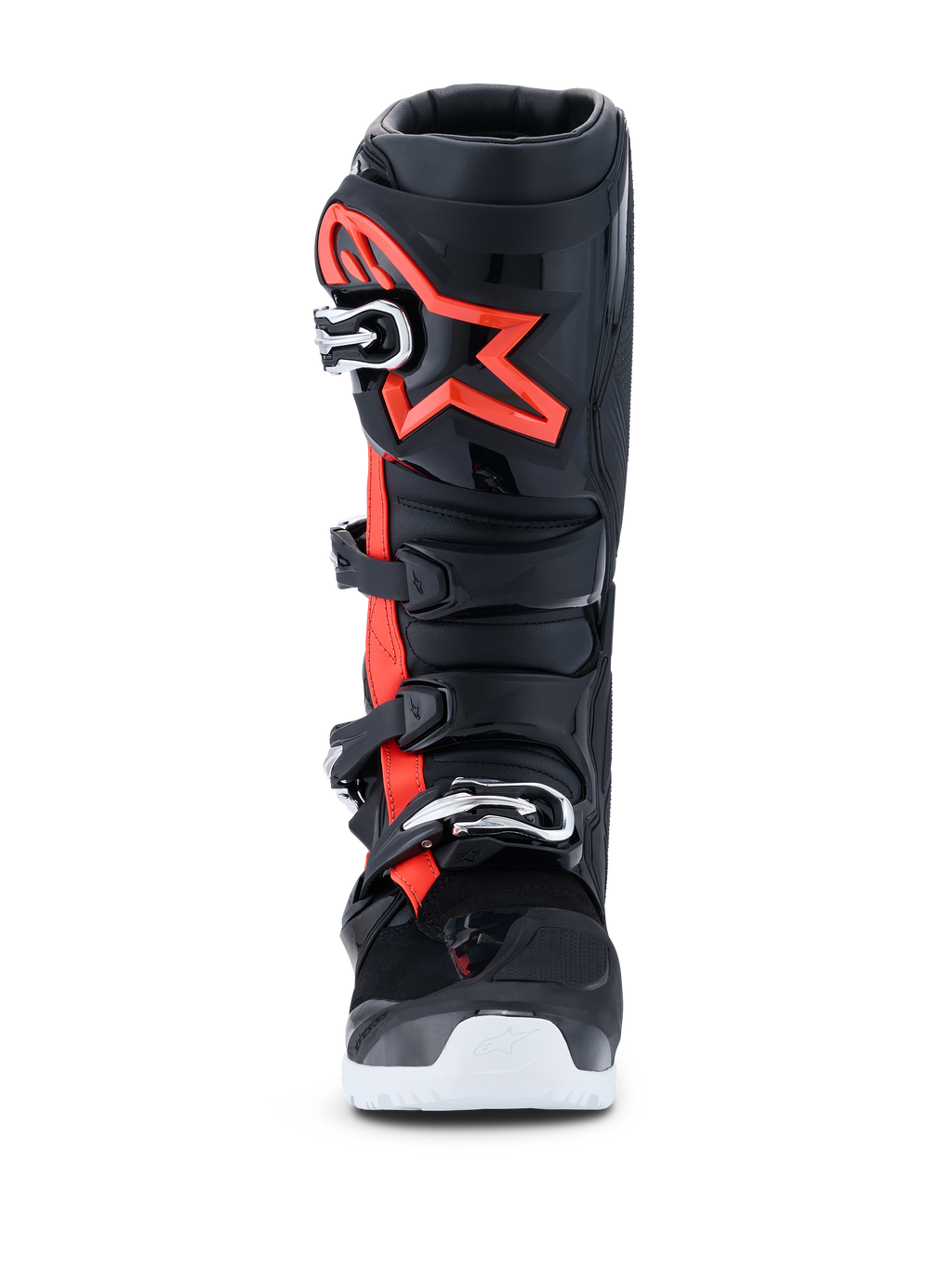 Alpinestars 2026 Tech 7 Enduro Drystar®-støvler, motocross- og endurostøvler, sort, neonrød og hvid, set forfra, med lukkesystem med fire spænder, forstærket TPU-skinnebensplade med et stort rødt Alpinestars-logo og hvid ydersål, udviklet til vandtæt off-road-performance.