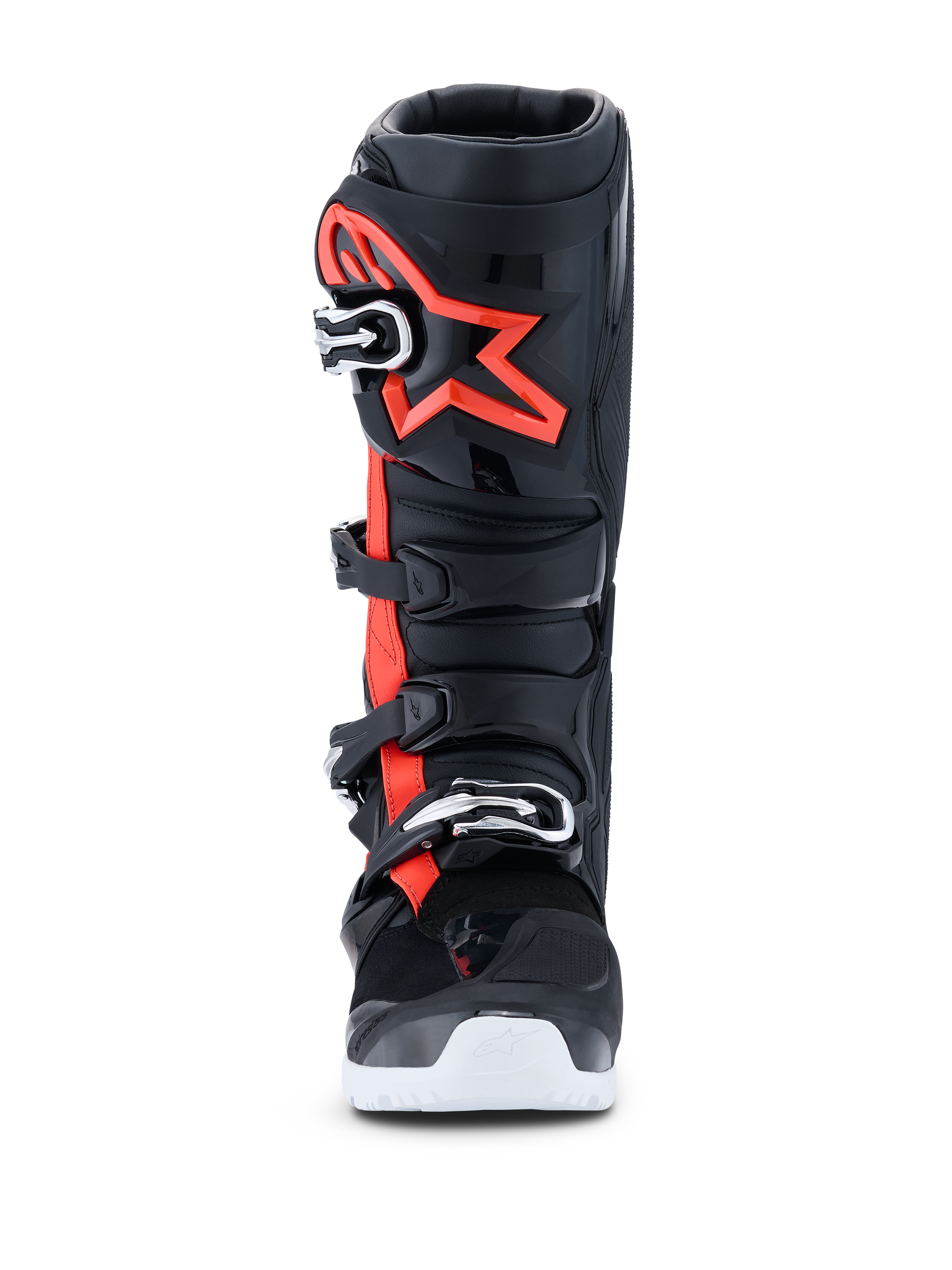 Alpinestars 2026 Tech 7 Enduro Drystar®-støvler, motocross- og endurostøvler, sort, neonrød og hvid, set forfra, med lukkesystem med fire spænder, forstærket TPU-skinnebensplade med et stort rødt Alpinestars-logo og hvid ydersål, udviklet til vandtæt off-road-performance.