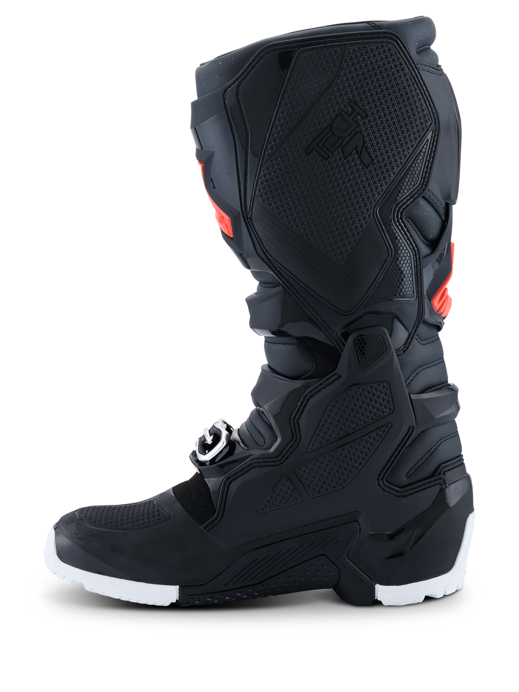 Alpinestars 2026 Tech 7 Enduro Drystar®-støvler, Enduro-motocrossstøvler, sort med rød fluo og hvide detaljer, sideprofilvisning der fremhæver det mediale TPU-grebspanel med bikubestruktur og den hvide sål, slidstærk vandtæt konstruktion til off-road-ydelse