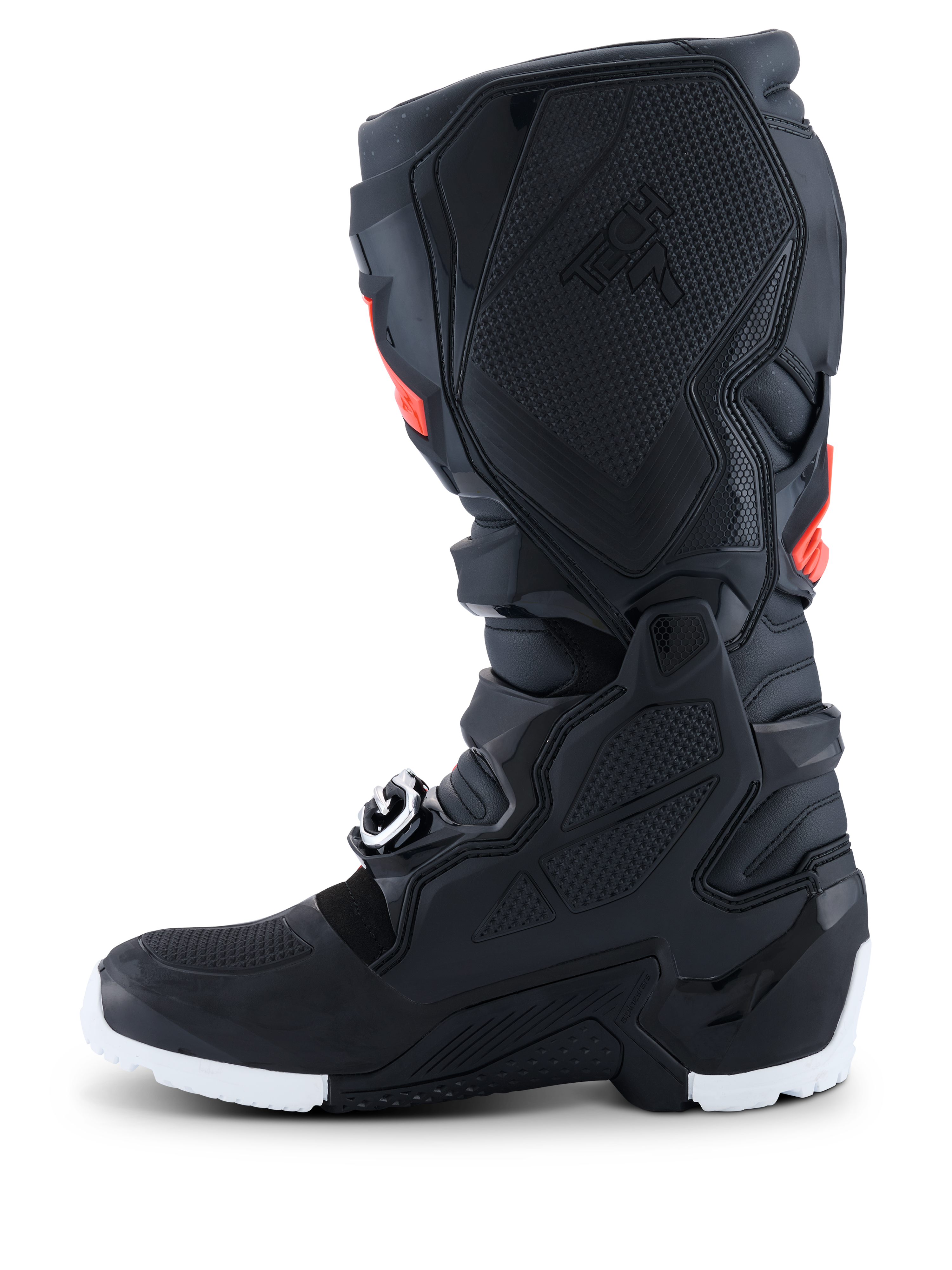 Alpinestars 2026 Tech 7 Enduro Drystar®-støvler, Enduro-motocrossstøvler, sort med rød fluo og hvide detaljer, sideprofilvisning der fremhæver det mediale TPU-grebspanel med bikubestruktur og den hvide sål, slidstærk vandtæt konstruktion til off-road-ydelse