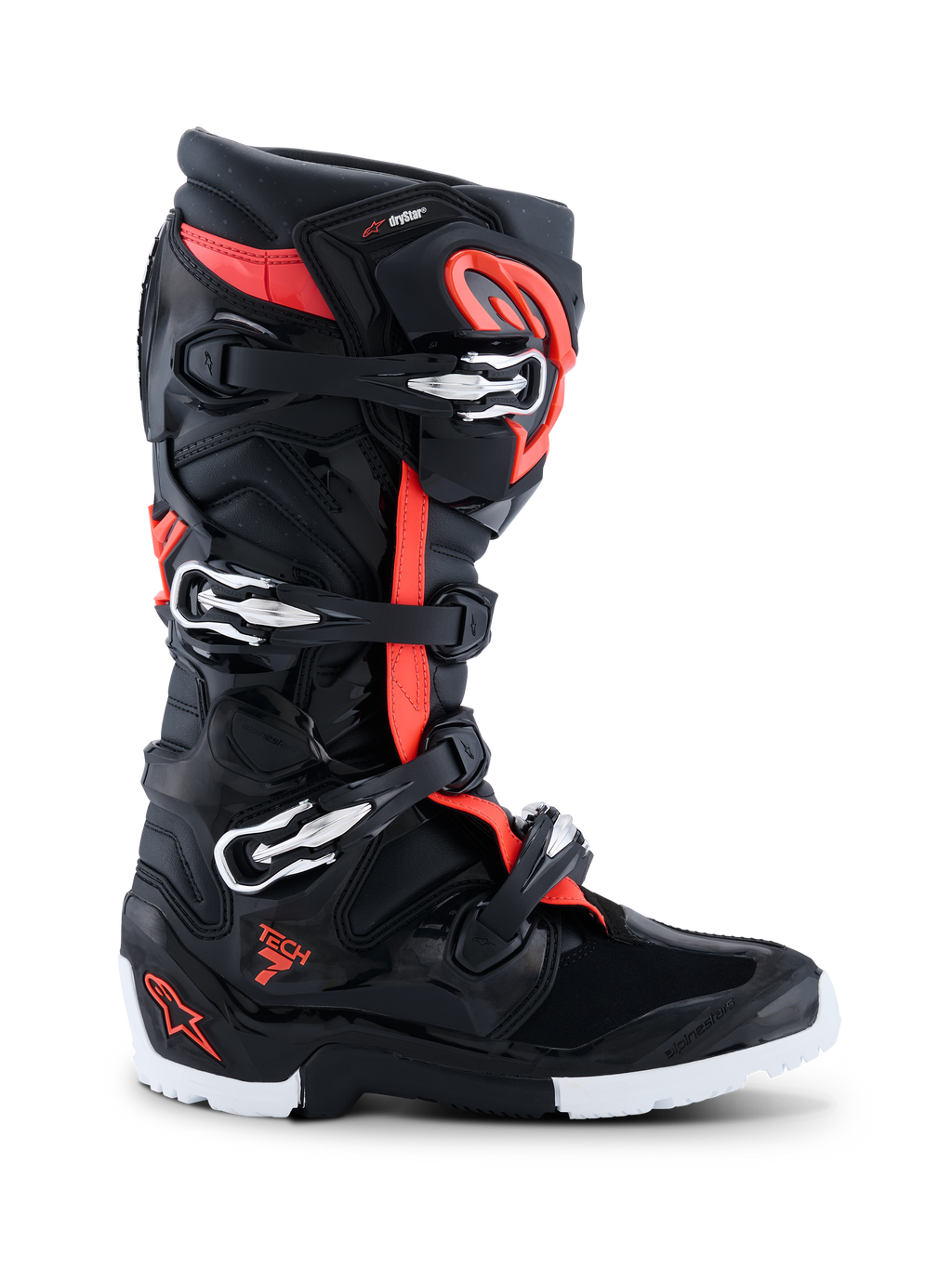 Alpinesta r s 2026 Tech 7 Endur o D r y s t a r ® s t øv ler, mo t oc ro s s - og e ndu r o f o d t ø j , s ort rød fl u o o g hvi d , s i d e p r o f i l de r vi ser fi re søl v - og sort e s pæ n d e r, TPU- f o r s tæ r k e t ska l o g r o b u s t en du r o - s p e c i fi k h v i d o g sort s å l, m e d Drys ta r - bra nd i n g o g Tech 7 - logo