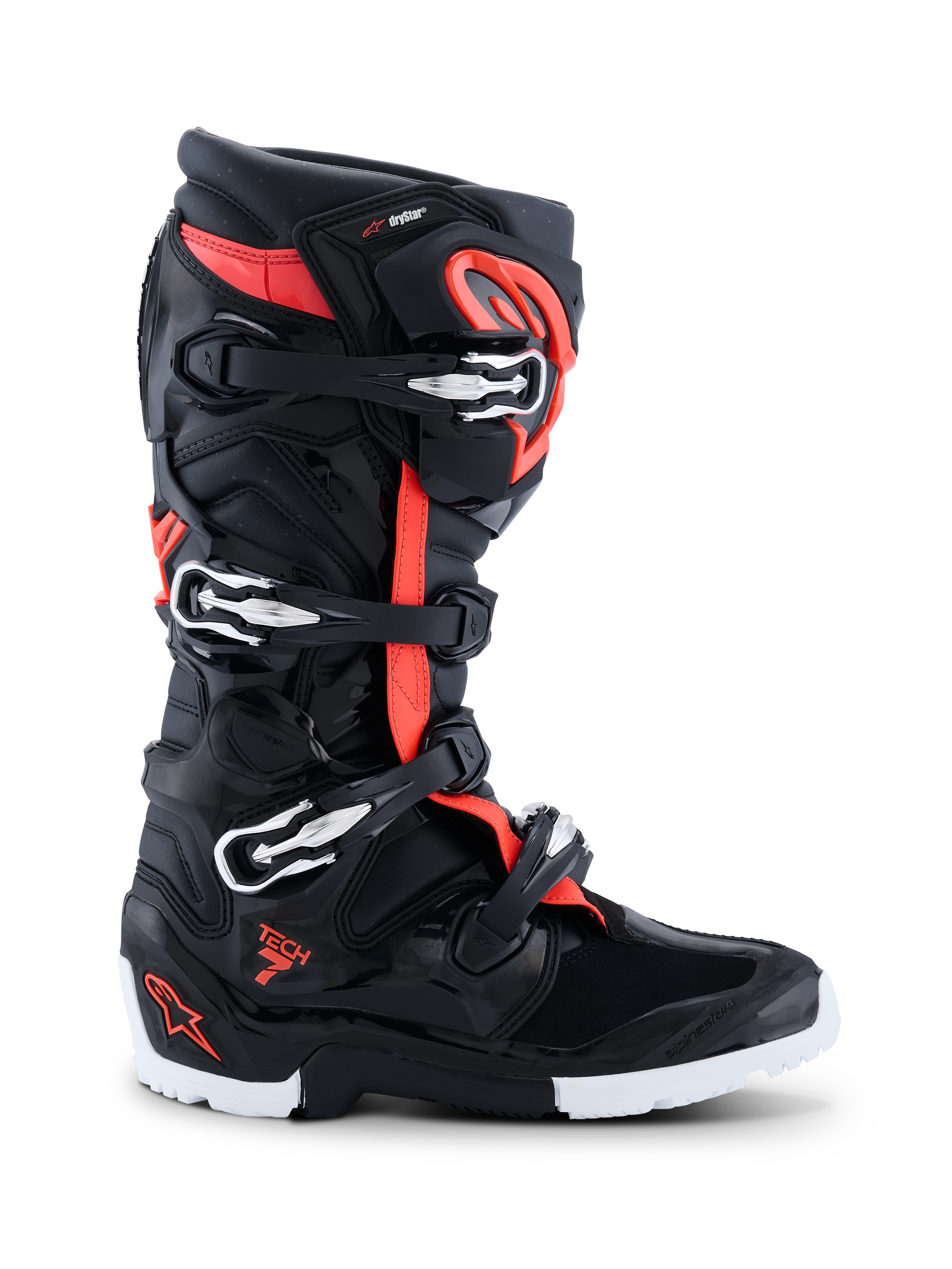 Alpinesta r s 2026 Tech 7 Endur o D r y s t a r ® s t øv ler, mo t oc ro s s - og e ndu r o f o d t ø j , s ort rød fl u o o g hvi d , s i d e p r o f i l de r vi ser fi re søl v - og sort e s pæ n d e r, TPU- f o r s tæ r k e t ska l o g r o b u s t en du r o - s p e c i fi k h v i d o g sort s å l, m e d Drys ta r - bra nd i n g o g Tech 7 - logo
