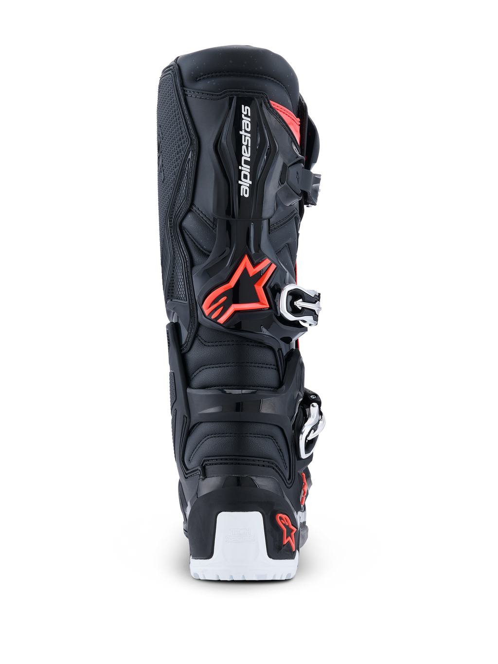 Alpinestars 2026 Tech 7 Enduro Drystar® støvler, enduro motocross-støvler, sort, rød fluo og hvid, set bagfra, der fremhæver TPU-beskyttelsesskallen, Alpinestars-logoet, det biomekaniske pivot-område og den hvide forstærkning af den nederste sål.