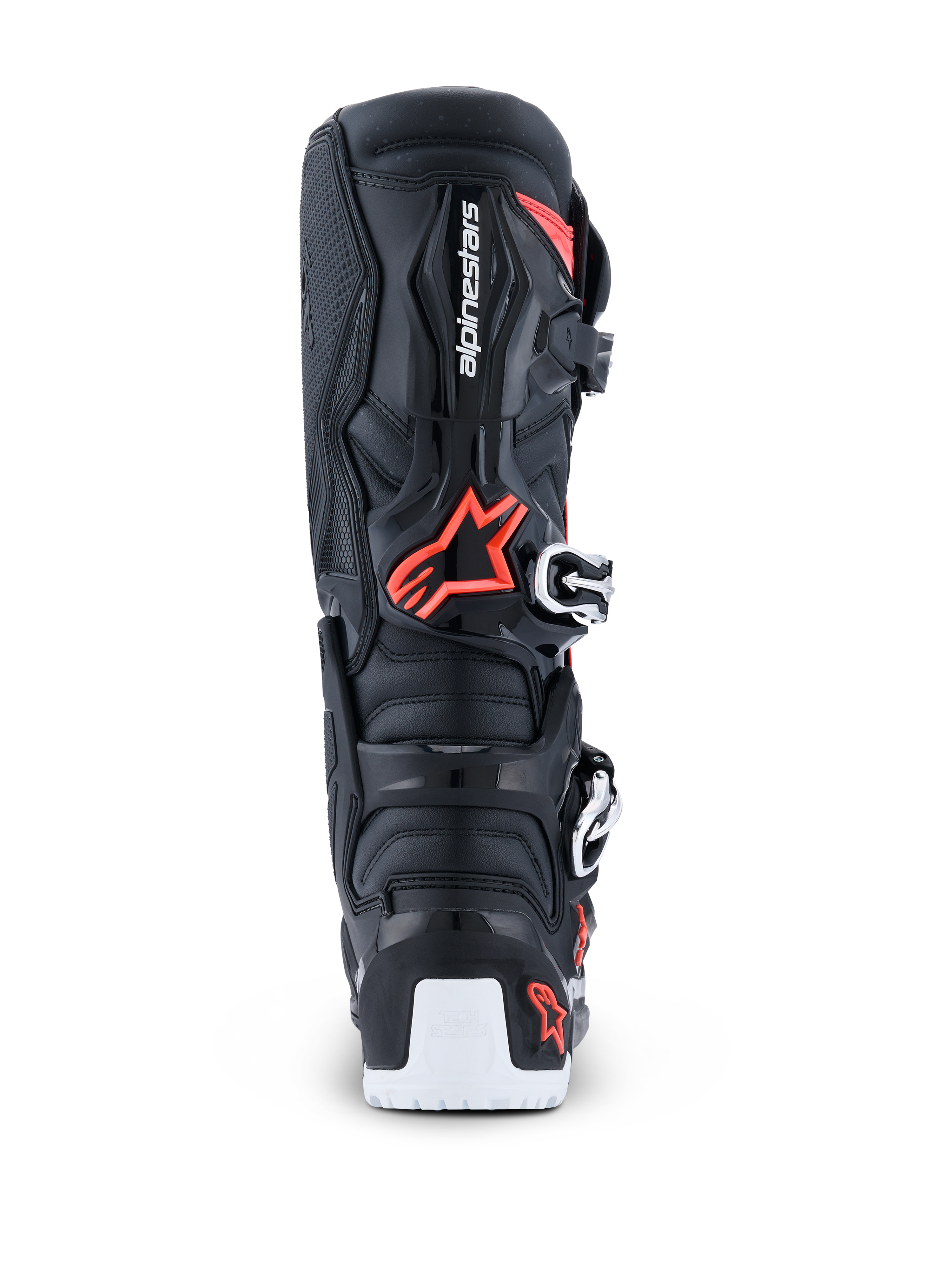 Alpinestars 2026 Tech 7 Enduro Drystar® støvler, enduro motocross-støvler, sort, rød fluo og hvid, set bagfra, der fremhæver TPU-beskyttelsesskallen, Alpinestars-logoet, det biomekaniske pivot-område og den hvide forstærkning af den nederste sål.