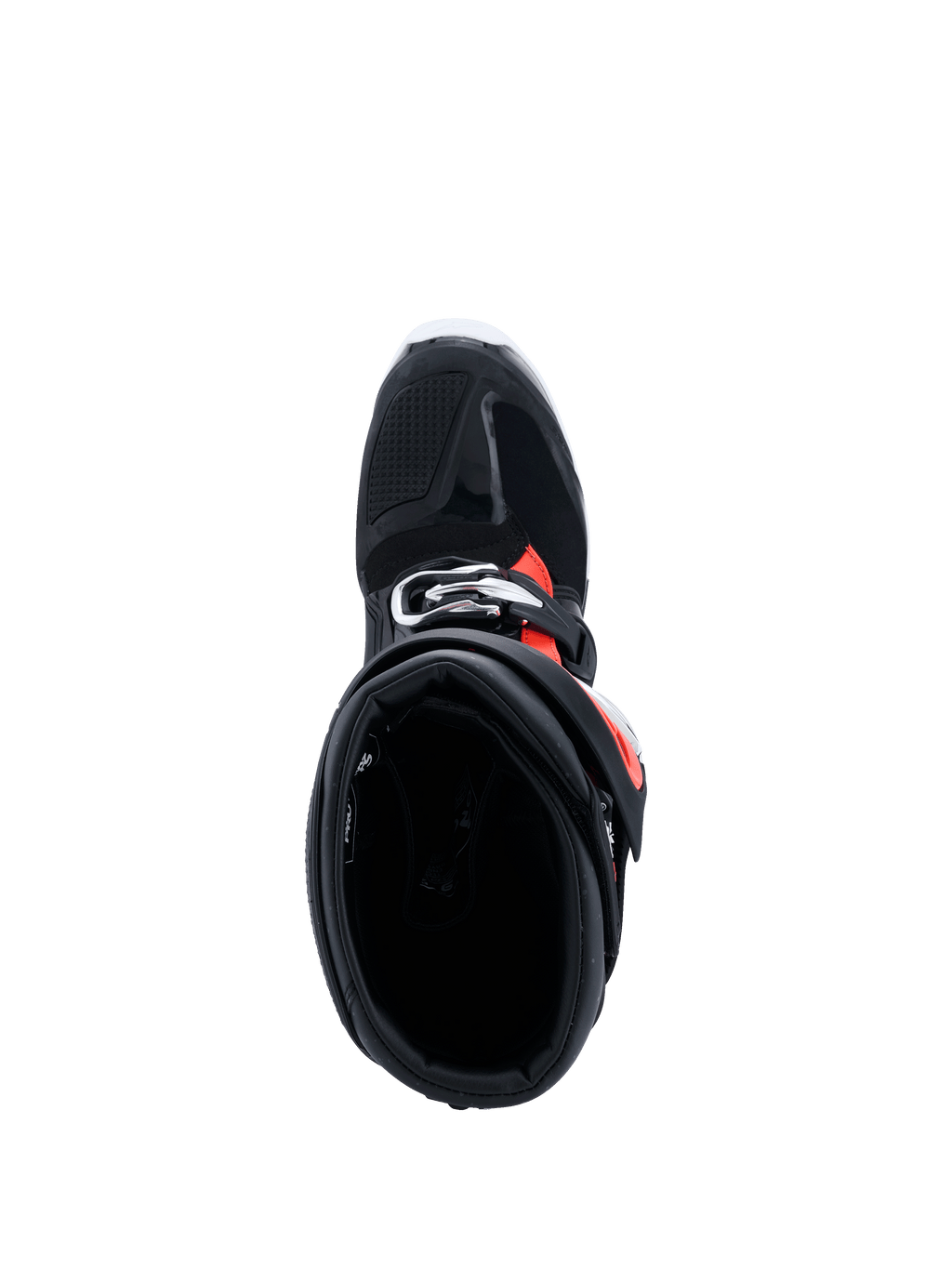 Alpinestars 2026 Tech 7 Enduro Drystar®-støvler, Black Red Fluo White, set fra oven med kig ned i støvlens krave, viser den brede indgangsåbning og den indvendige polstring, beskyttende enduro-fodtøj til off-road-kørsel