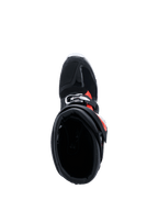 Alpinestars 2026 Tech 7 Enduro Drystar®-støvler, Black Red Fluo White, set fra oven med kig ned i støvlens krave, viser den brede indgangsåbning og den indvendige polstring, beskyttende enduro-fodtøj til off-road-kørsel