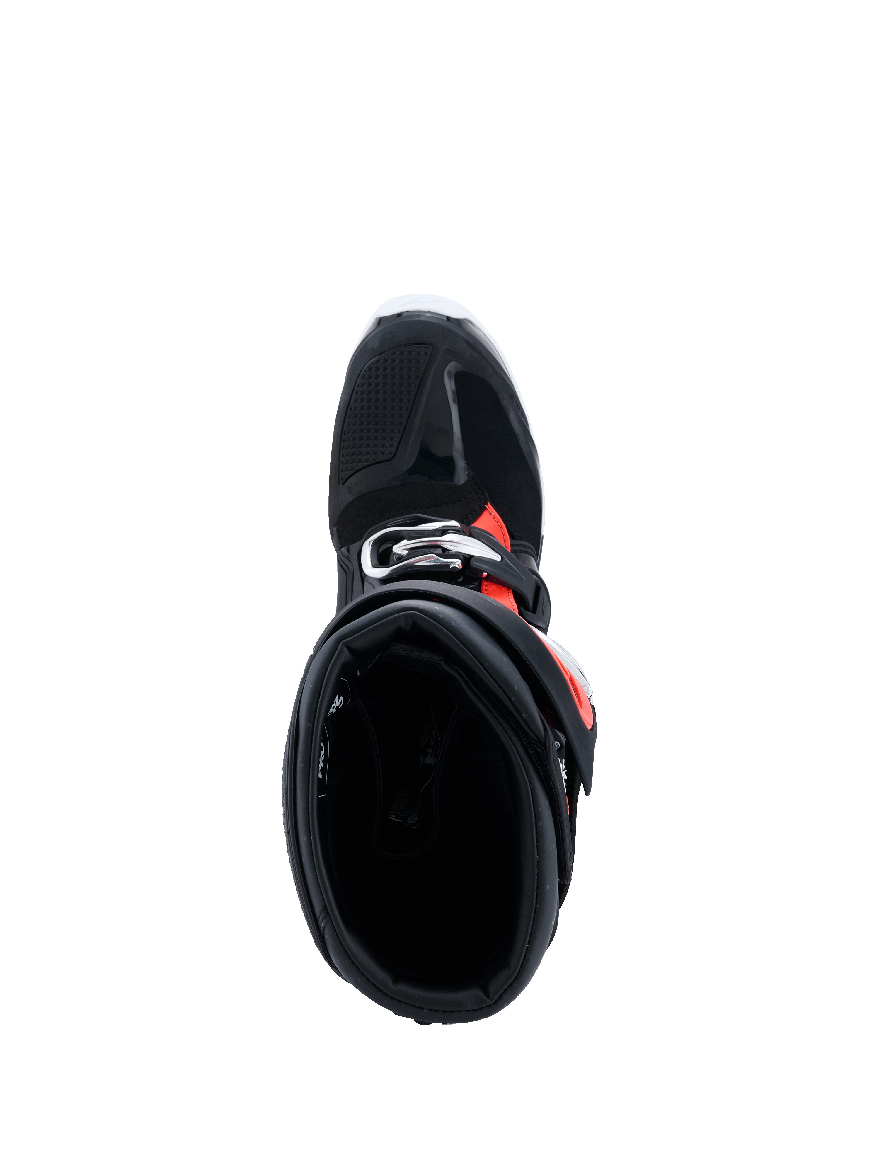 Alpinestars 2026 Tech 7 Enduro Drystar®-støvler, Black Red Fluo White, set fra oven med kig ned i støvlens krave, viser den brede indgangsåbning og den indvendige polstring, beskyttende enduro-fodtøj til off-road-kørsel
