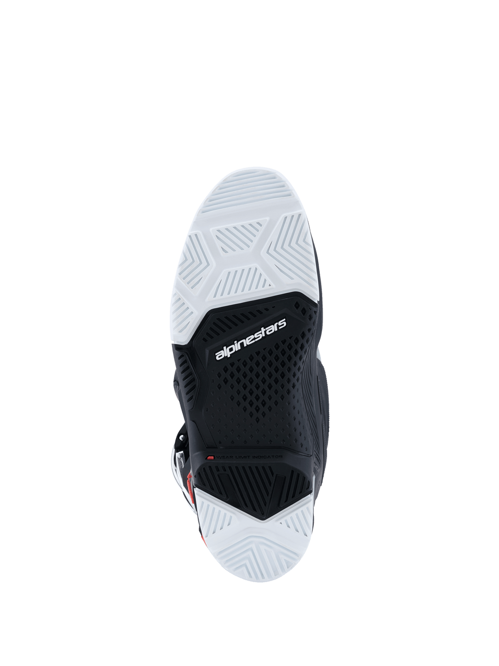Alpinestars 2026 Tech 7 Enduro Drystar®-støvler, visning af sålen, sort og hvid dobbeltdensitets gummiblanding, teksturerede geometriske grebsmønstre, Alpinestars-logo og indikator for slidgrænse, designet til off-road- og enduro-greb