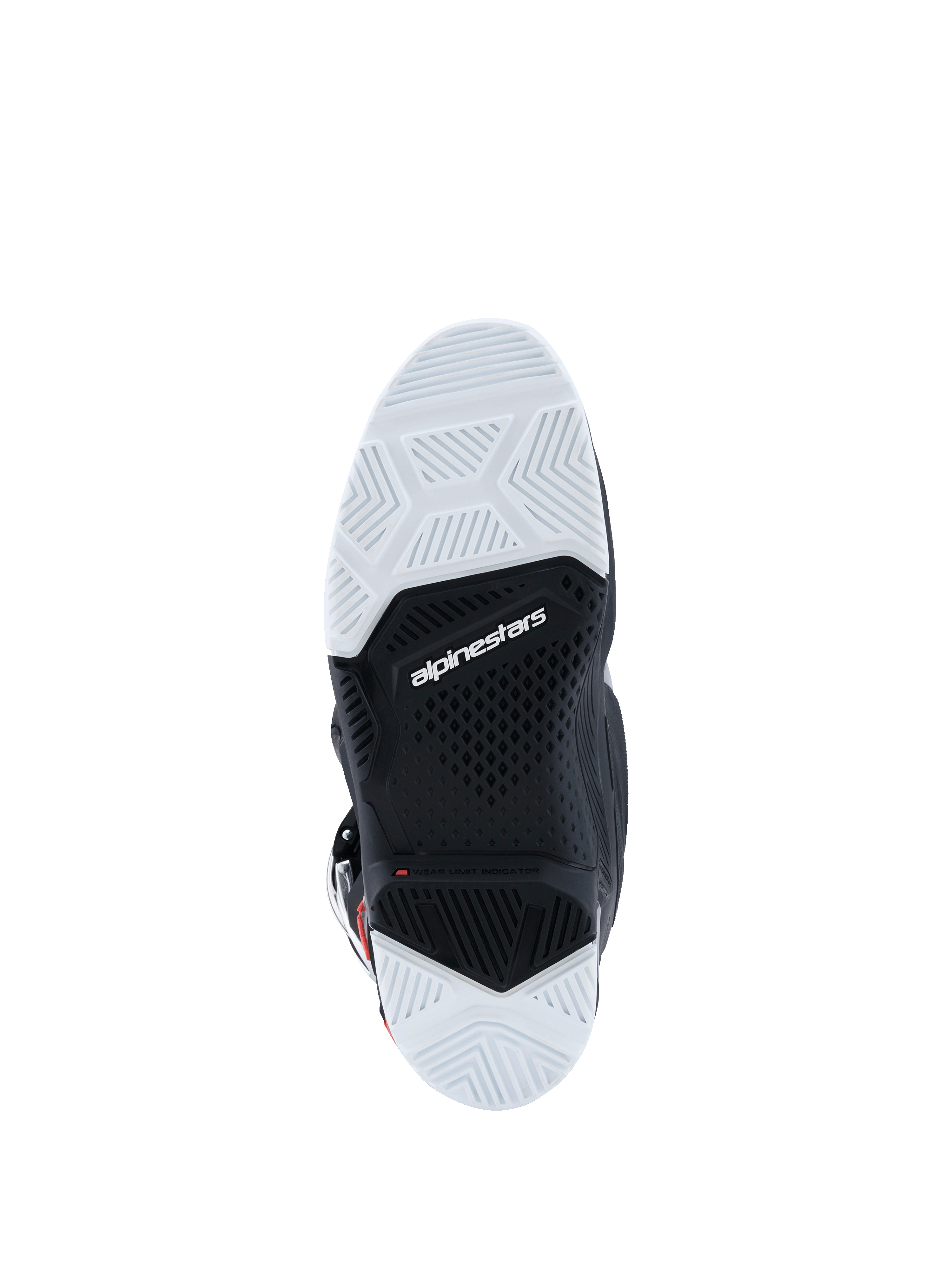 Alpinestars 2026 Tech 7 Enduro Drystar®-støvler, visning af sålen, sort og hvid dobbeltdensitets gummiblanding, teksturerede geometriske grebsmønstre, Alpinestars-logo og indikator for slidgrænse, designet til off-road- og enduro-greb