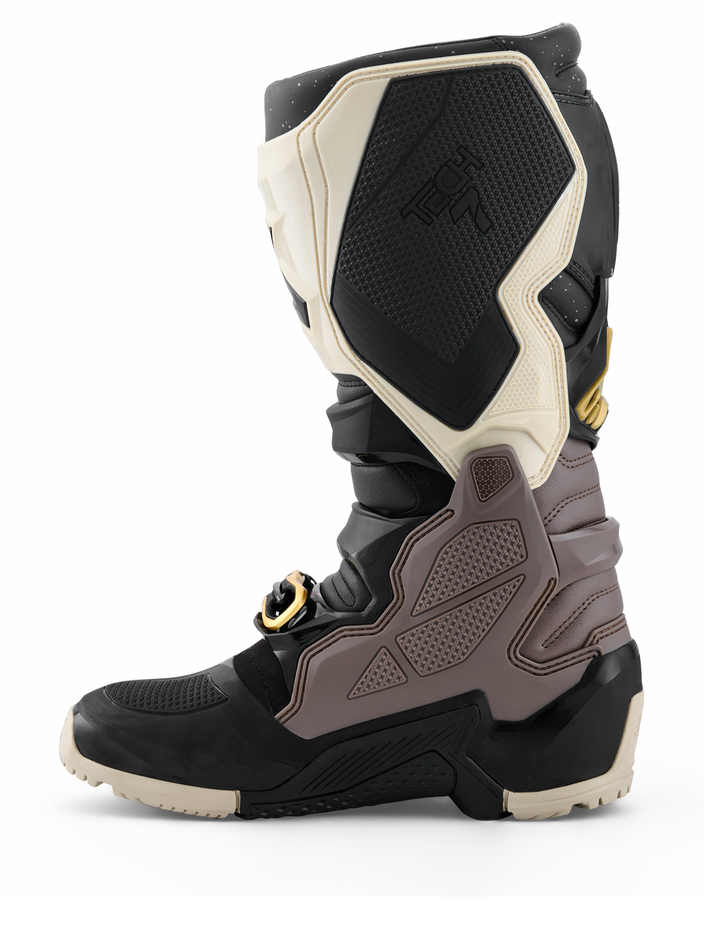 Alpinestars 2026 Tech 7 Enduro Drystar® støvler, motocross-støvler, sort, mørkegrå og guld, sideprofil der fremhæver de holdbare TPU-paneler, spænde med guld-detaljer og robust enduro-sål til off-road kørsel.
