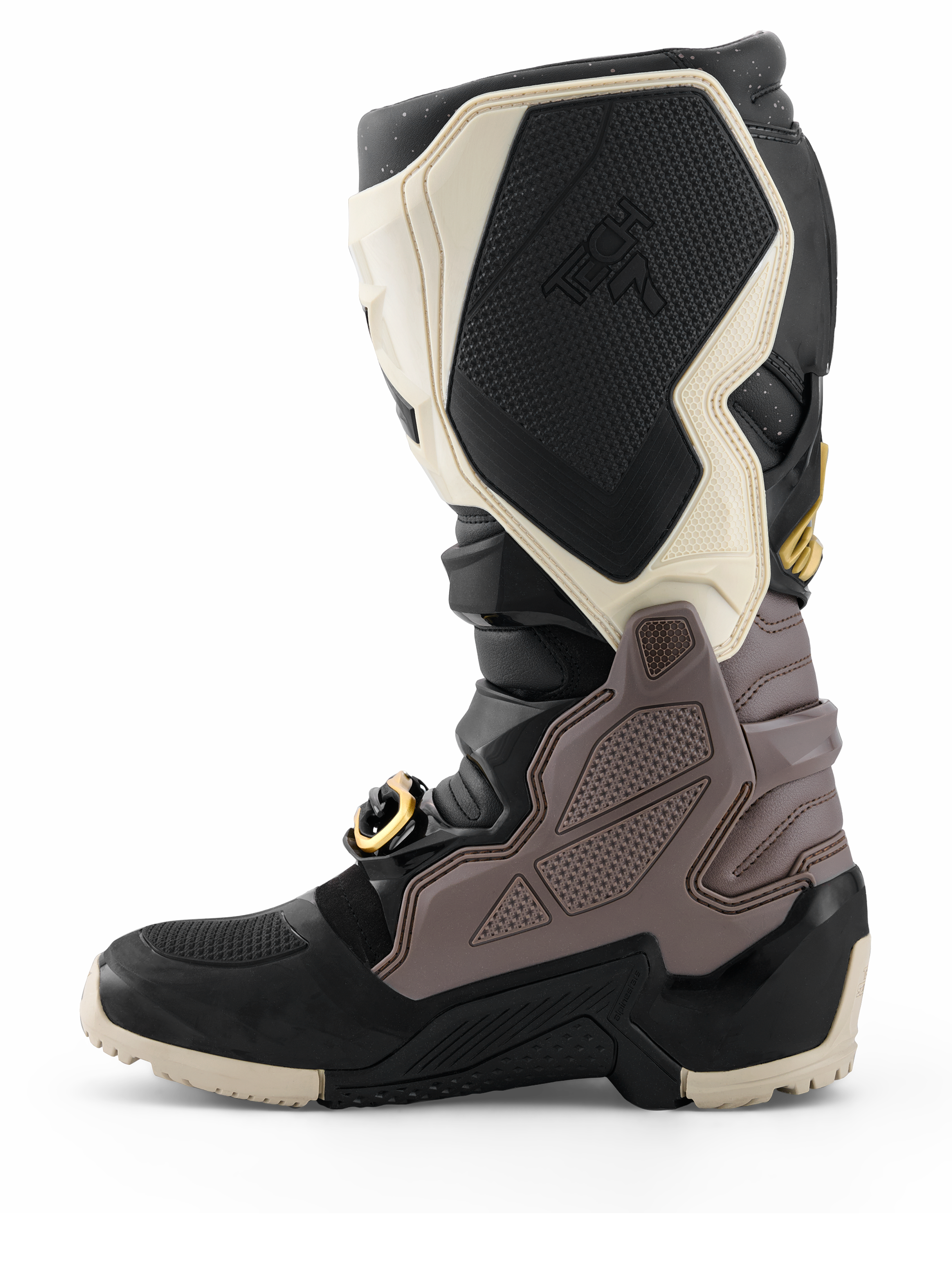 Alpinestars 2026 Tech 7 Enduro Drystar® støvler, motocross-støvler, sort, mørkegrå og guld, sideprofil der fremhæver de holdbare TPU-paneler, spænde med guld-detaljer og robust enduro-sål til off-road kørsel.