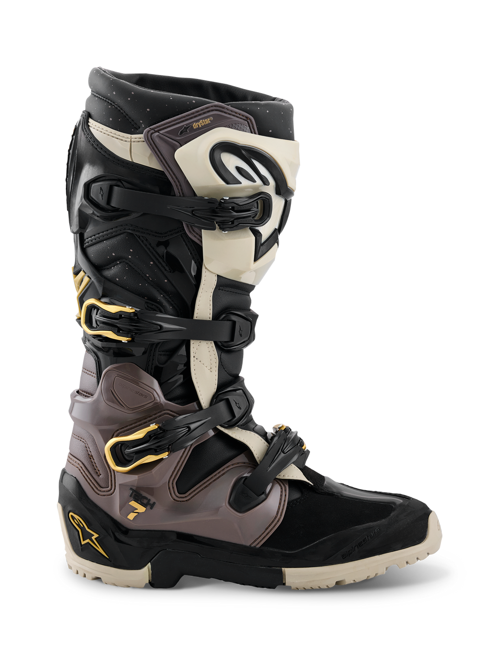 Alpinestars 2026 Tech 7 Enduro Drystar® støvler, motocross- og endurostøvler, sort, mørkegrå og guld, med et multispænde-lukkesystem med guld-detaljer, robust dual-compound sål og slidstærke TPU-beskyttelsespaneler, professionelt fodtøj til off-road kørsel