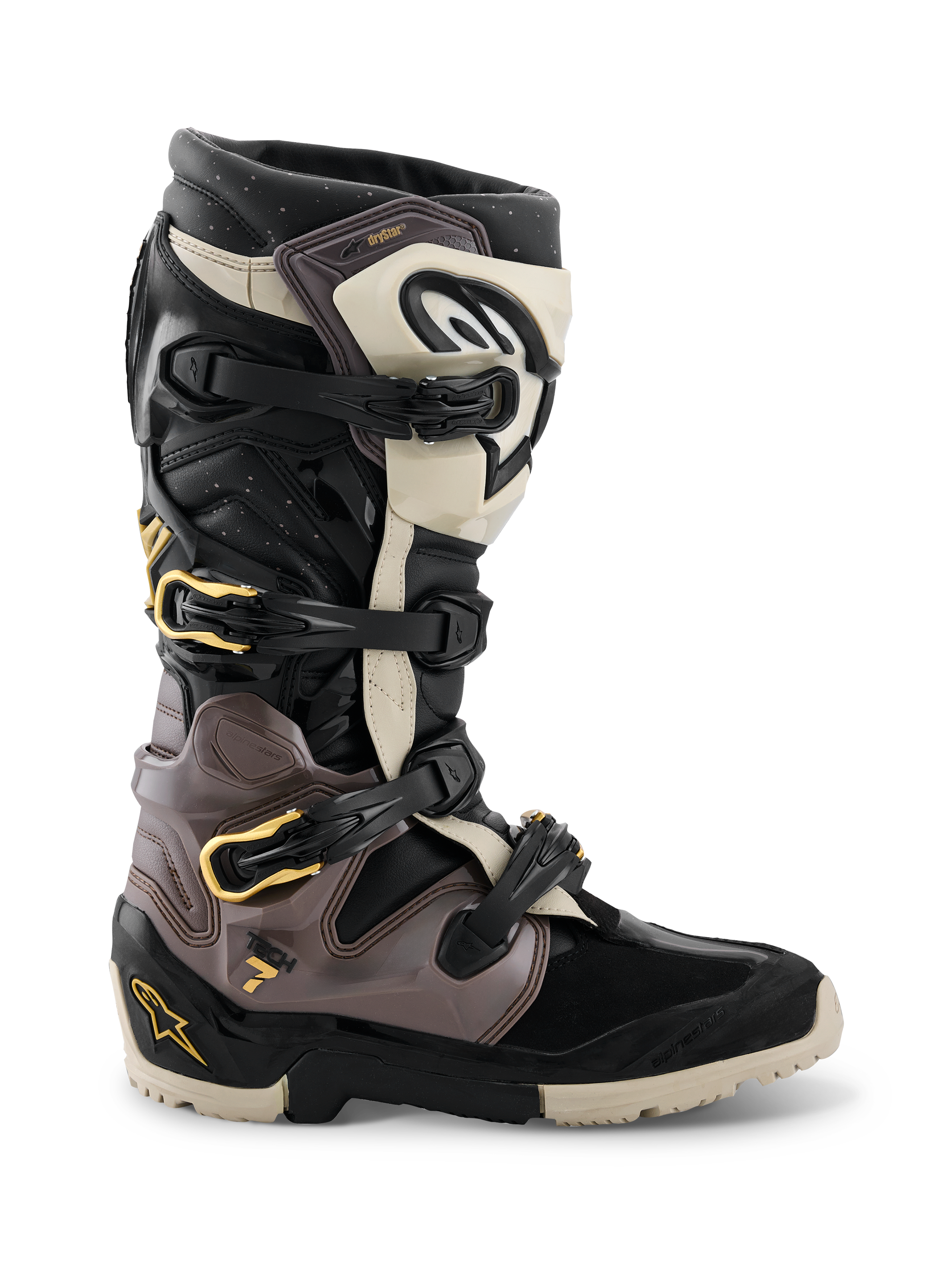 Alpinestars 2026 Tech 7 Enduro Drystar® støvler, motocross- og endurostøvler, sort, mørkegrå og guld, med et multispænde-lukkesystem med guld-detaljer, robust dual-compound sål og slidstærke TPU-beskyttelsespaneler, professionelt fodtøj til off-road kørsel