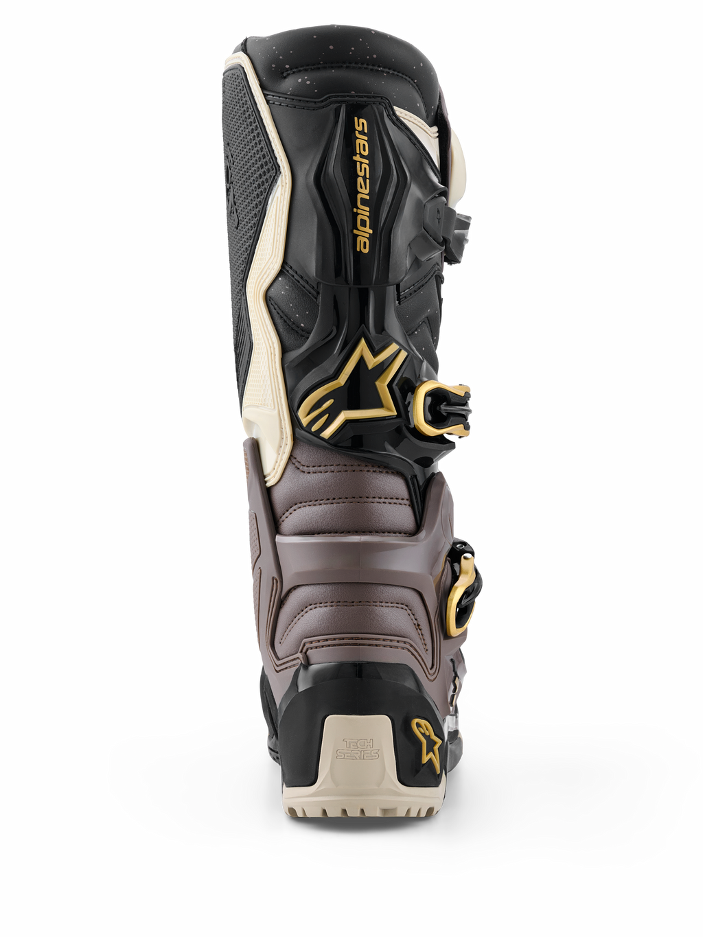 Alpinestars 2026 Tech 7 Enduro Drystar® støvler, sort, mørkegrå og guld, set bagfra med beskyttende TPU-skal, guldspænder og Alpinestars-logo, højtydende enduro-fodtøj