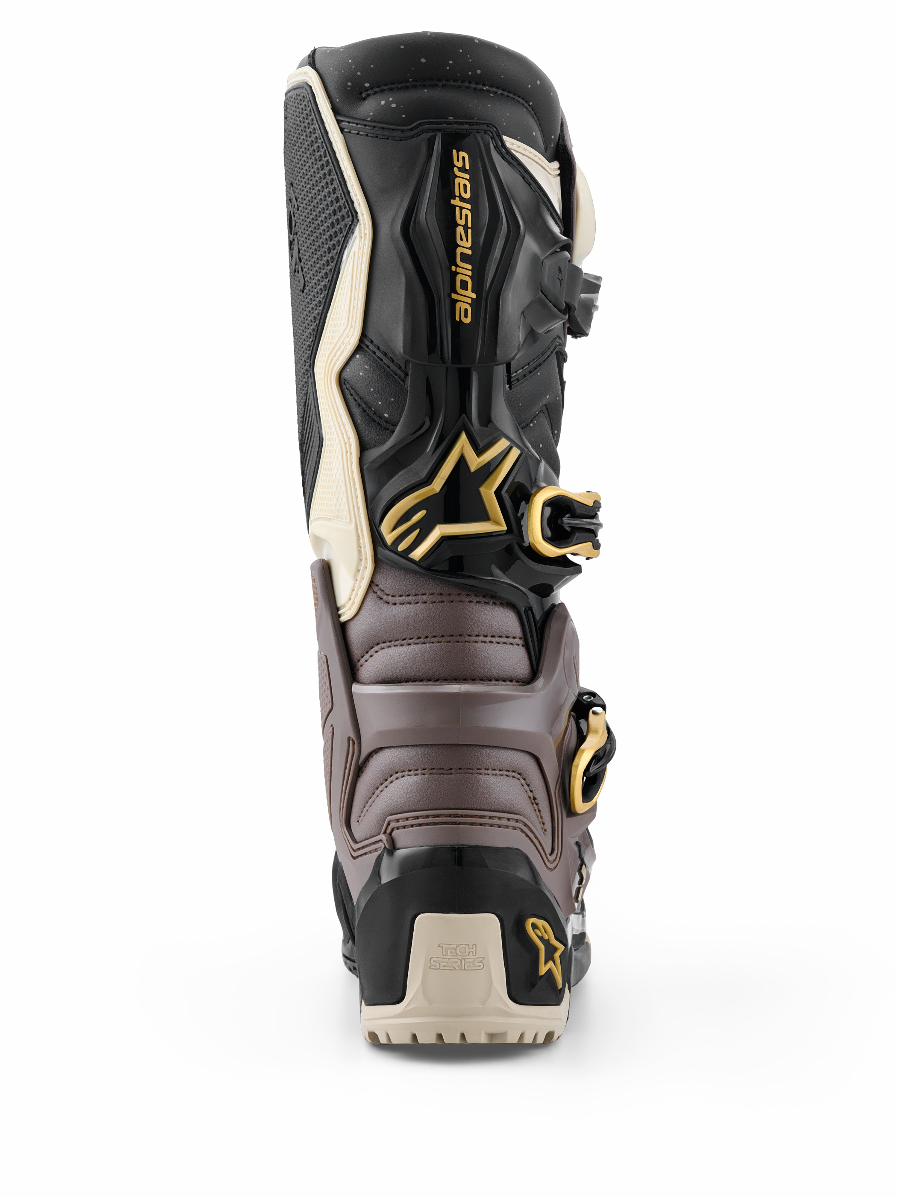 Alpinestars 2026 Tech 7 Enduro Drystar® støvler, sort, mørkegrå og guld, set bagfra med beskyttende TPU-skal, guldspænder og Alpinestars-logo, højtydende enduro-fodtøj