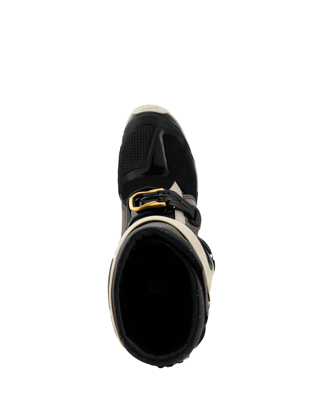 Alpinestars 2026 Tech 7 Enduro Drystar® støvler, sort, mørkegrå og guld, set oppefra ned i støvleåbningen, med guldspænde, indvendig foring og beskyttende TPU-tåboks.