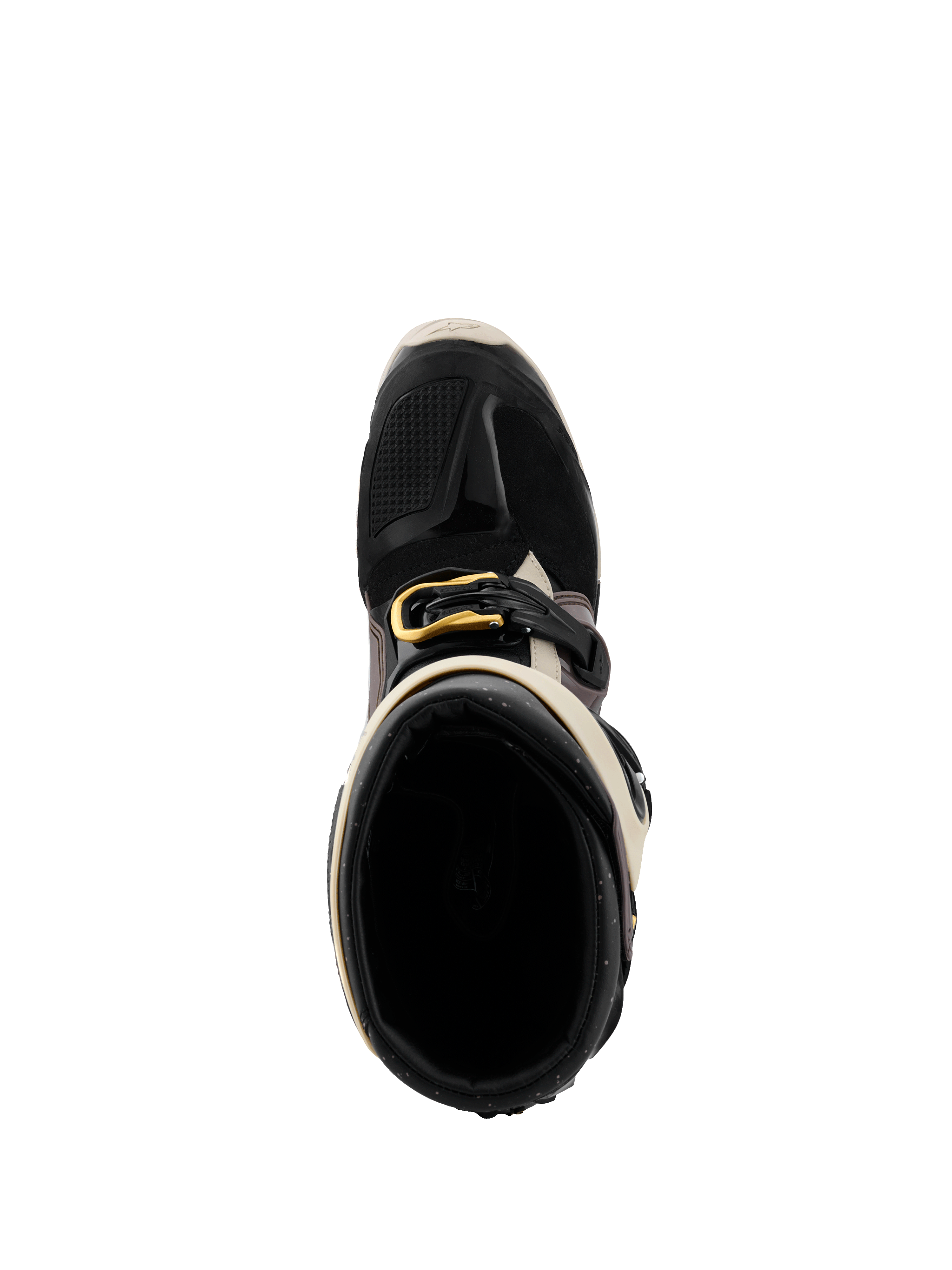 Alpinestars 2026 Tech 7 Enduro Drystar® støvler, sort, mørkegrå og guld, set oppefra ned i støvleåbningen, med guldspænde, indvendig foring og beskyttende TPU-tåboks.
