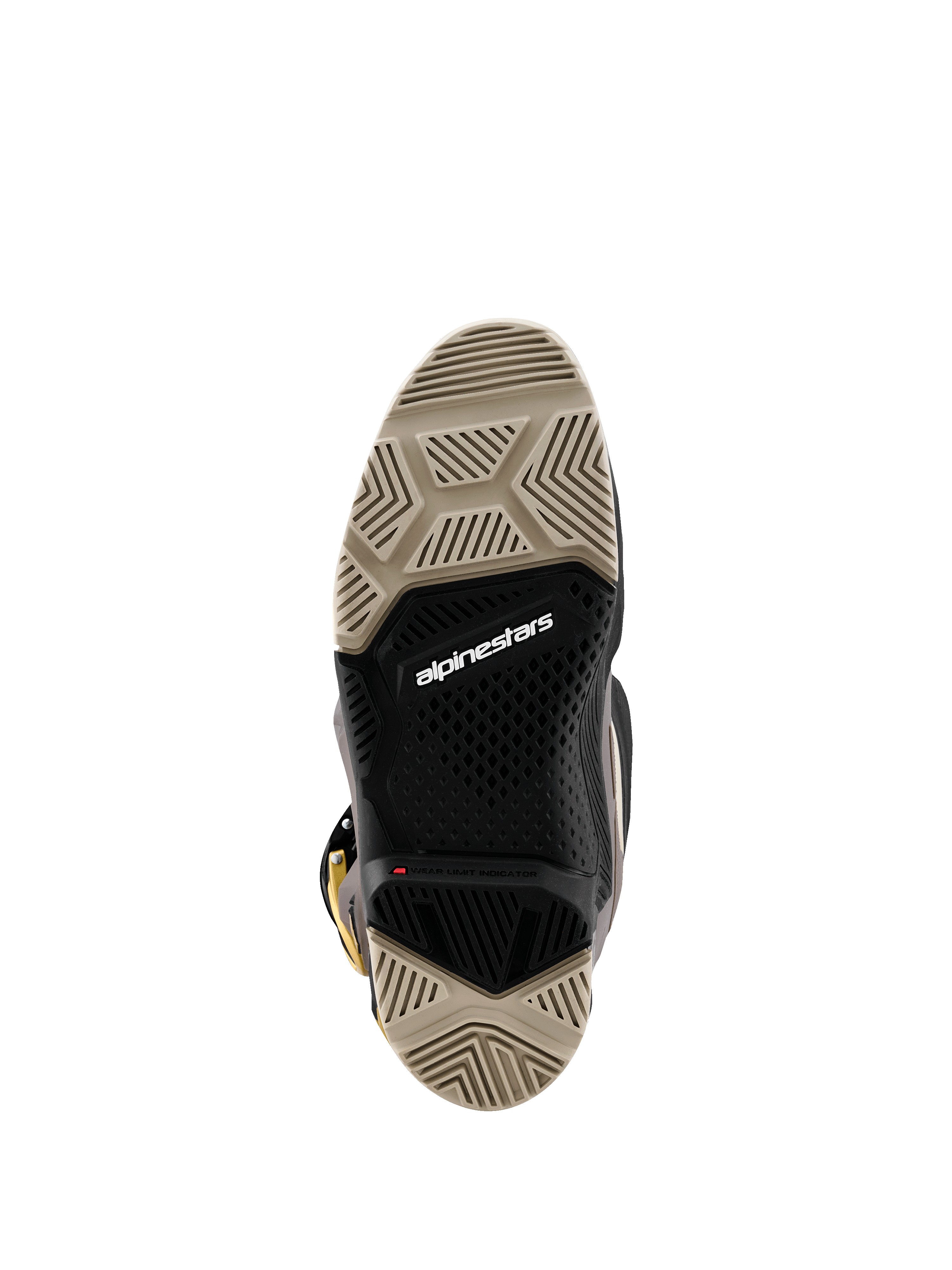 Alpinestars 2026 Tech 7 Enduro Drystar® støvler, set nedefra, viser den dobbelte sammensatte sål, tan og sorte specialiserede slidbanemønstre for maksimalt greb, med hvidt Alpinestars-logo og rød slidindikator.