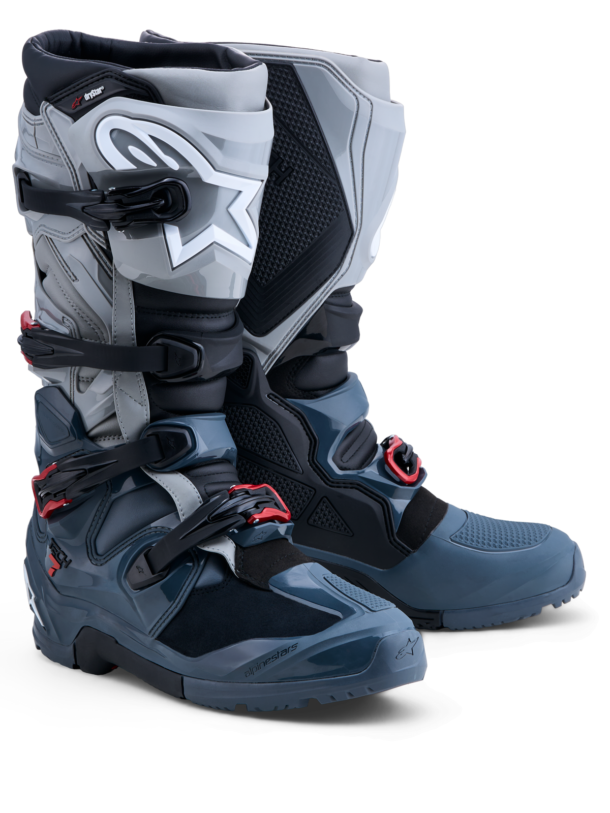 Alpinestars Tech 7 Enduro Drystar støvler, vandtætte off-road herrestøvler i grå og rød med CE-certificeret ankelbeskyttelse