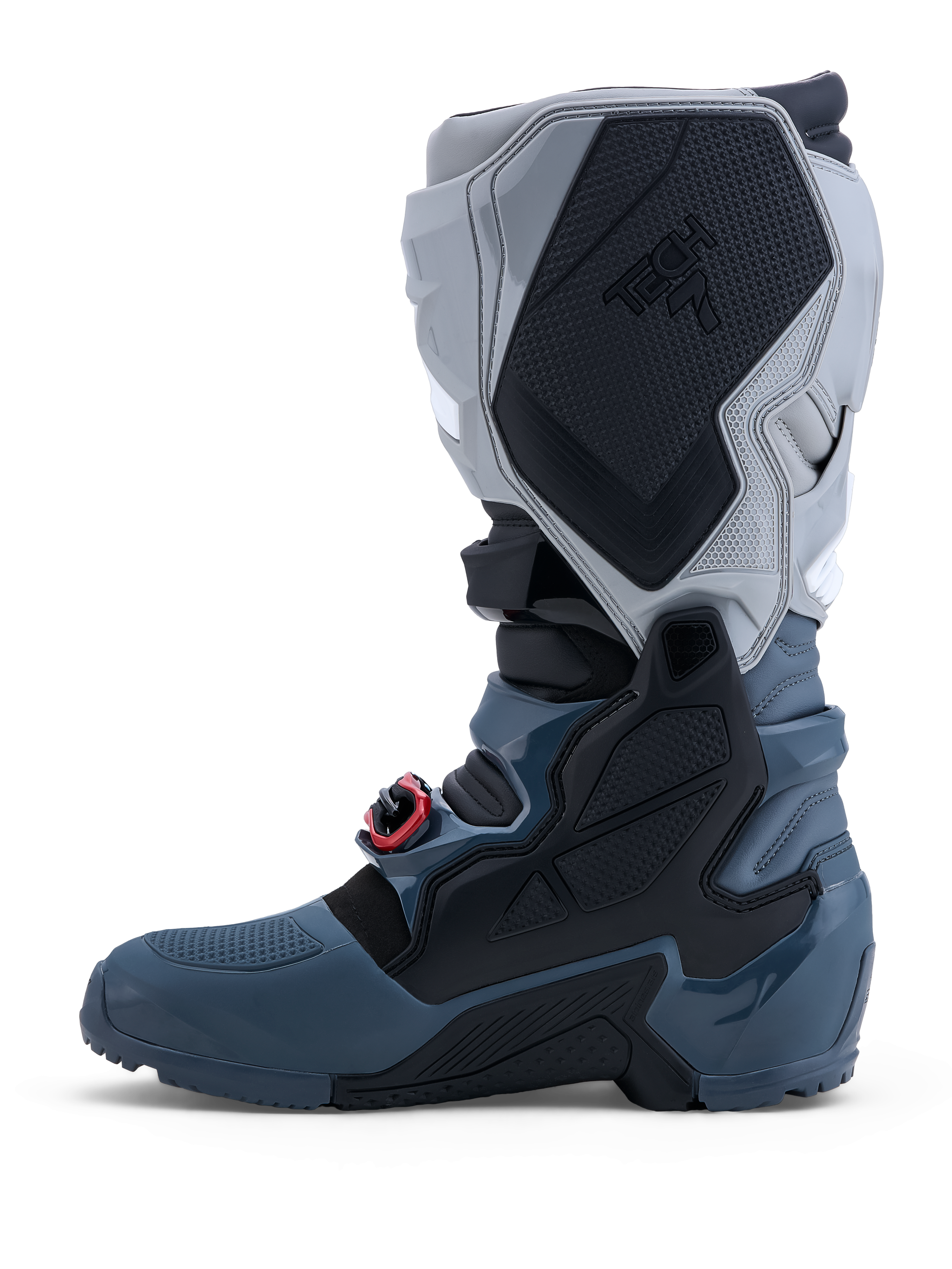 Alpinestars Tech 7 Enduro Drystar Boots, waterproof gray off-road motorcycle boots with red buckle accents.