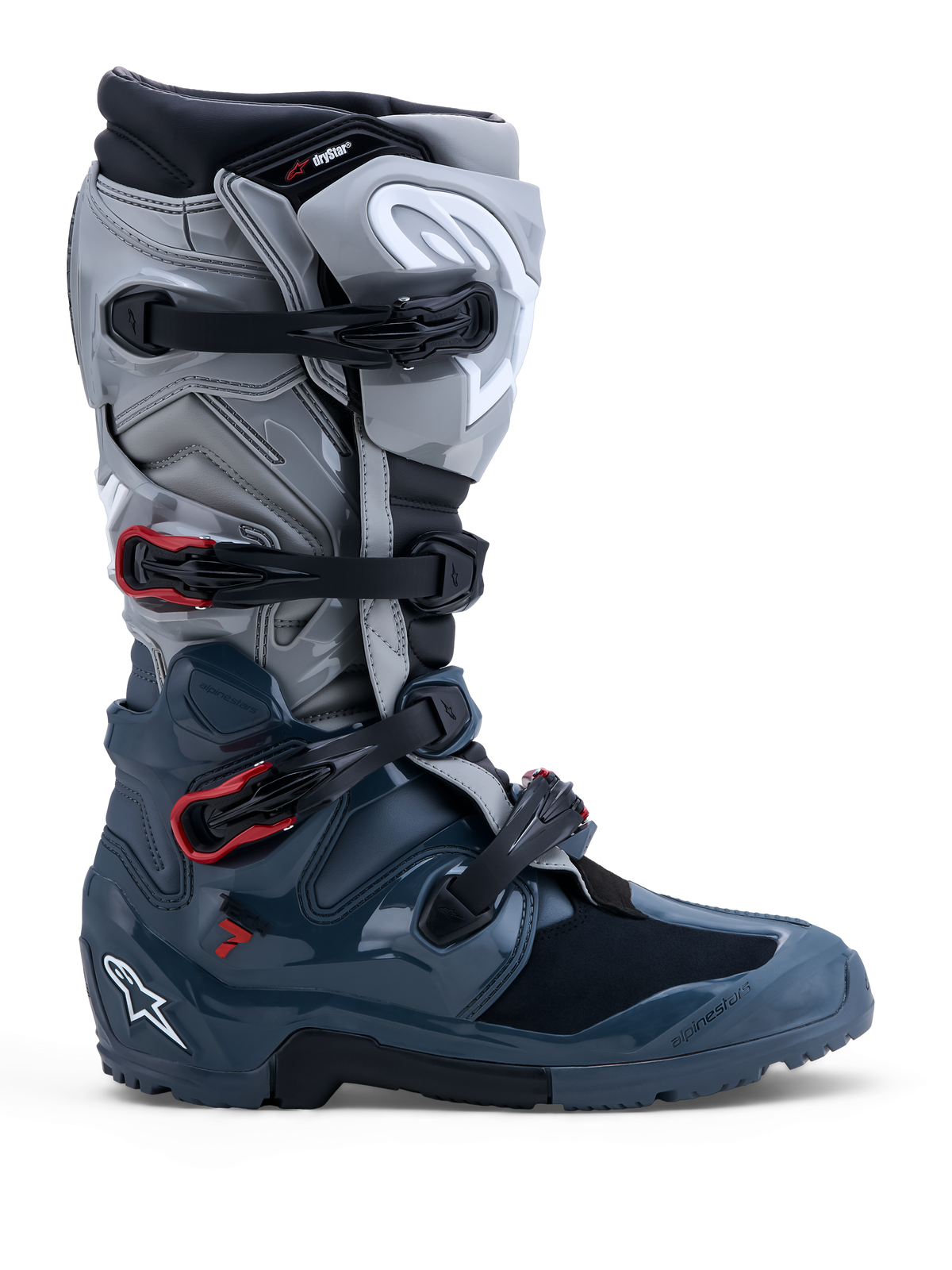Alpinestars Tech 7 Enduro Drystar Boots, waterproof off-road motorcycle boots, Men's, Dark Gray, Mid Gray, and Red accents.