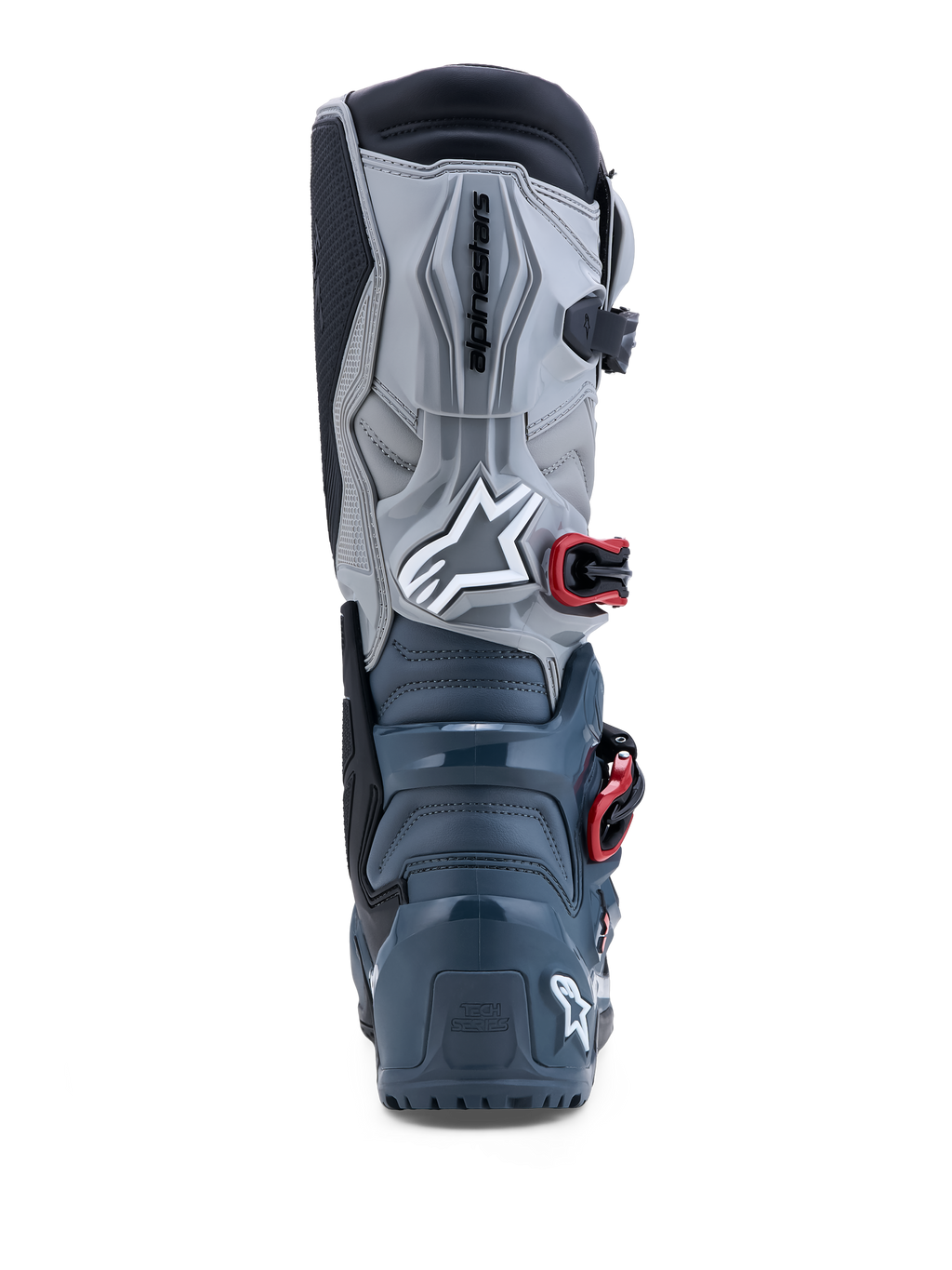 Alpinestars Tech 7 Enduro Drystar® Boots in Dark Gray and Red, waterproof off-road boots with TPU protection, rear view.