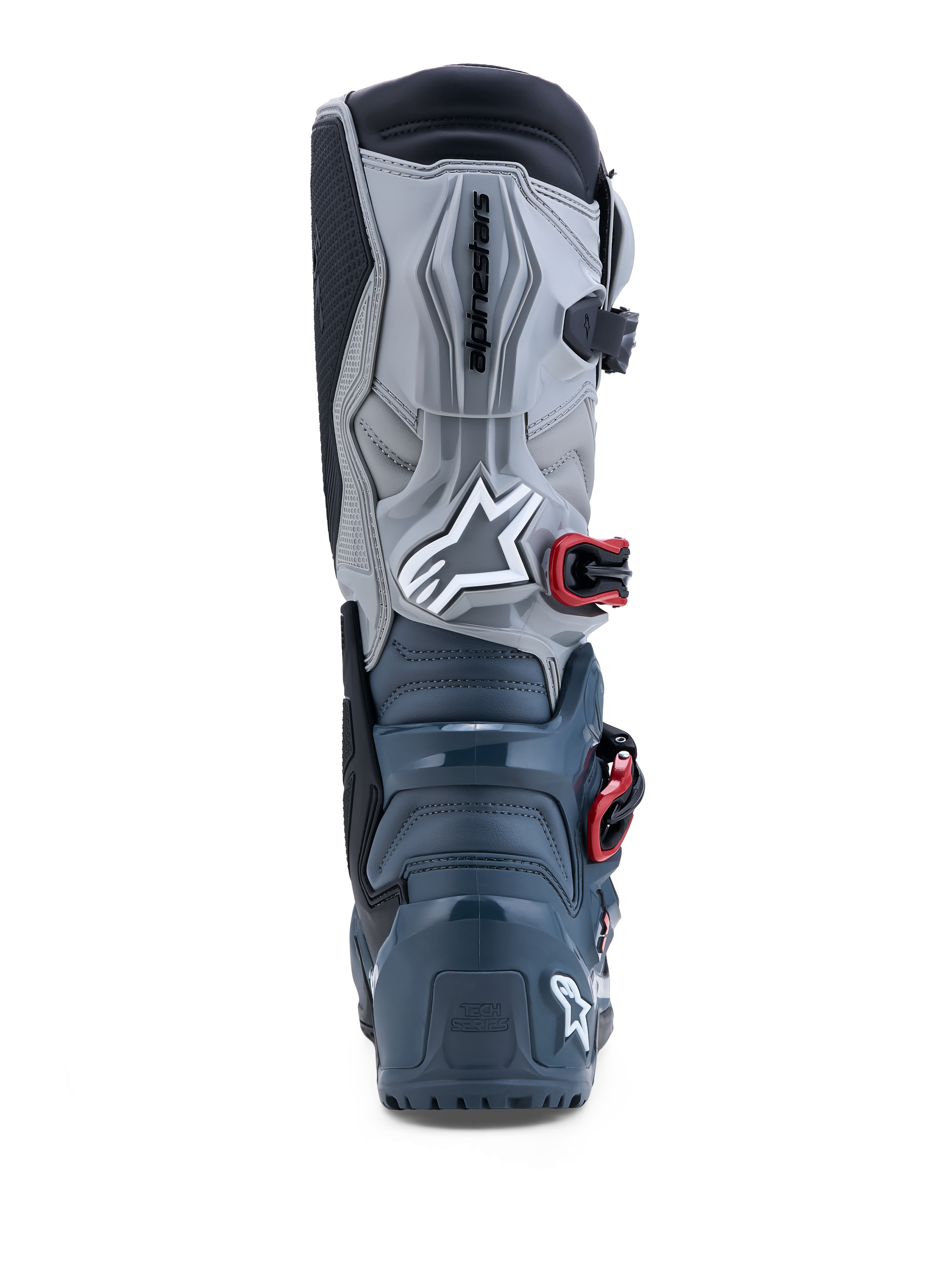 Alpinestars Tech 7 Enduro Drystar® Boots in Dark Gray and Red, waterproof off-road boots with TPU protection, rear view.