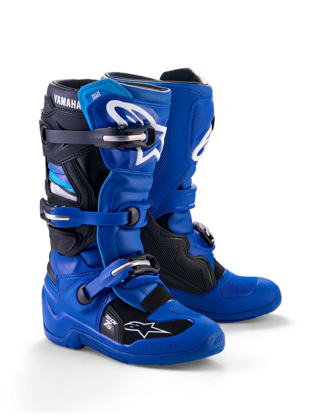 Alpinestars Yamaha Youth Tech 7S støvler, motocross-støvler, blå, sort og hvid, med multispænde-lukkesystem, TPU-beskyttelsesskal og hvide Alpinestars-logoer med Yamaha-branding på kanten