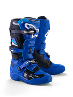 Alpinestars Yamaha Youth Tech 7S støvler, motocross-støvler, blå, sort og hvid, med multispænde-lukkesystem, TPU-beskyttelsesskal og hvide Alpinestars-logoer med Yamaha-branding på kanten