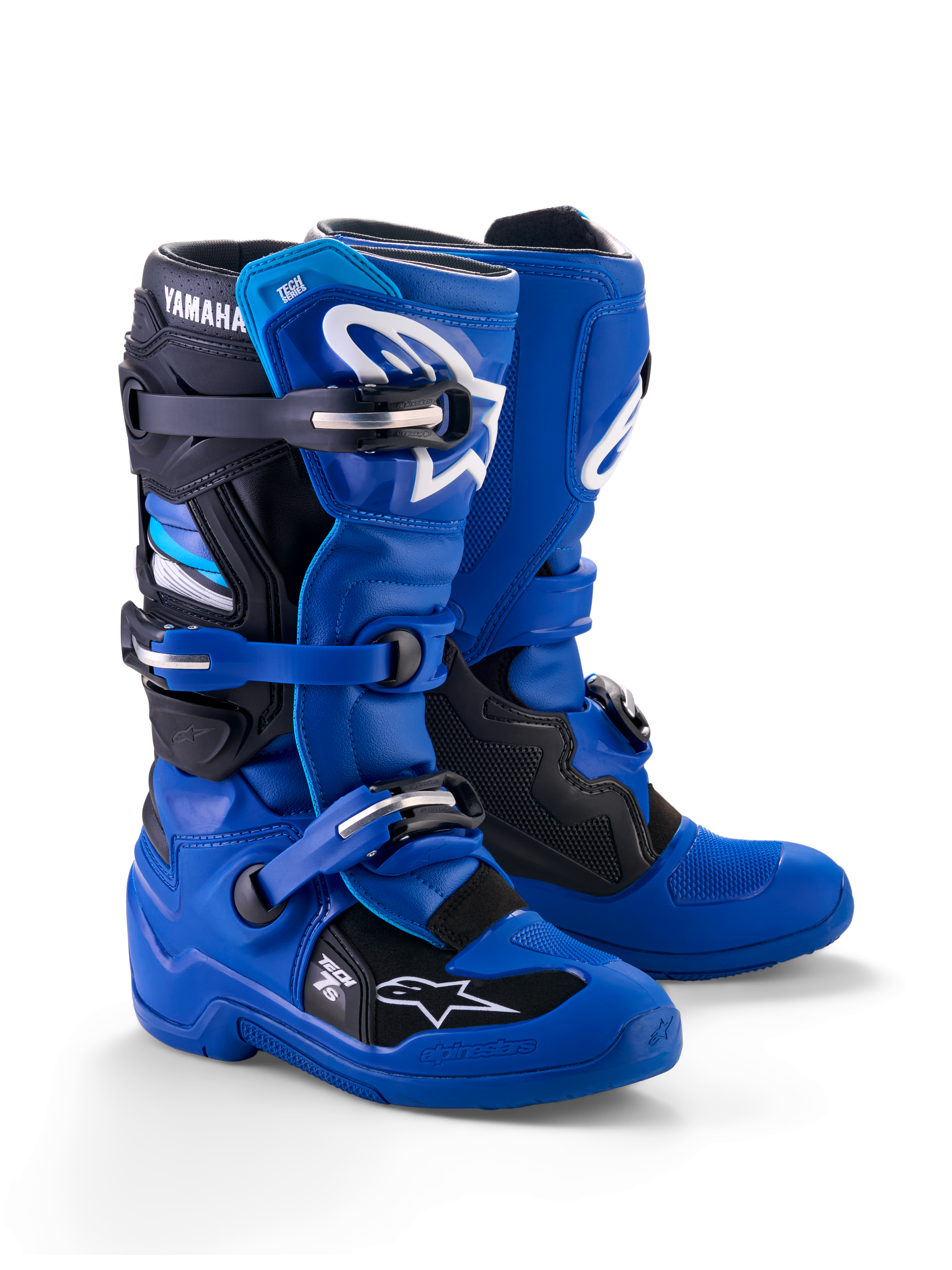 Alpinestars Yamaha Youth Tech 7S støvler, motocross-støvler, blå, sort og hvid, med multispænde-lukkesystem, TPU-beskyttelsesskal og hvide Alpinestars-logoer med Yamaha-branding på kanten