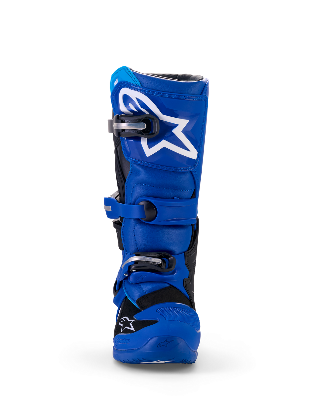 Alpinestars Yamaha Youth Tech 7S støvler, motocross-støvler, blå, sort og hvid, set forfra med TPU-skinnebensplade og hvidt stjernelogo, justerbart spændesystem og holdbar beskyttende off-road-konstruktion.