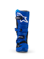 Alpinestars Yamaha Youth Tech 7S støvler, motocross-støvler, blå, sort og hvid, set forfra med TPU-skinnebensplade og hvidt stjernelogo, justerbart spændesystem og holdbar beskyttende off-road-konstruktion.