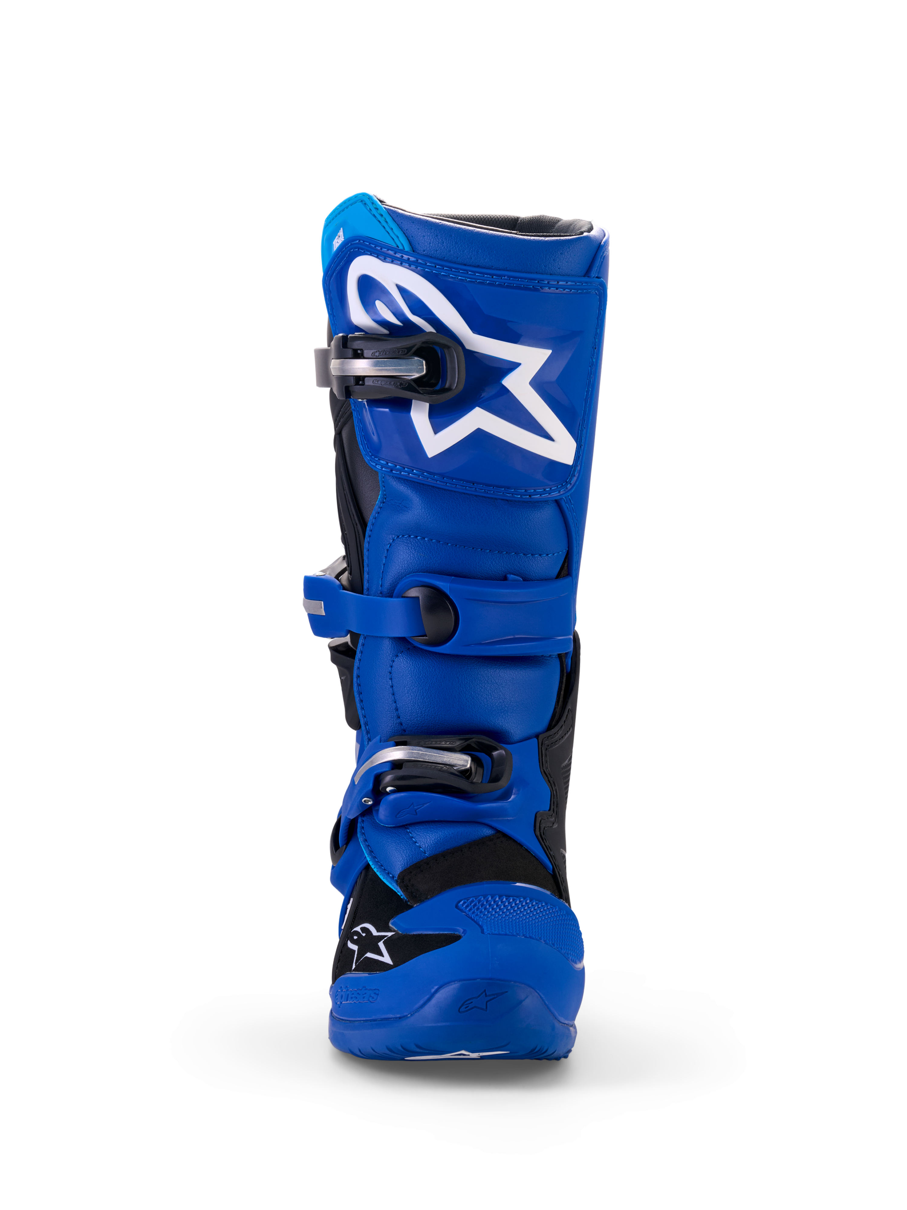 Alpinestars Yamaha Youth Tech 7S støvler, motocross-støvler, blå, sort og hvid, set forfra med TPU-skinnebensplade og hvidt stjernelogo, justerbart spændesystem og holdbar beskyttende off-road-konstruktion.