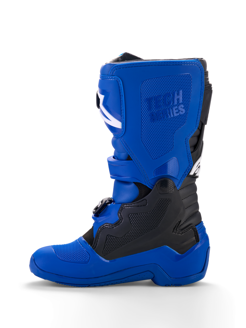Alpinestars Yamaha Youth Tech 7S støvler, motocross-støvler til unge, blå med sorte og hvide accenter, set fra siden, med præget 'Tech Series'-branding, TPU-beskyttelsespaneler, spændelukkesystem og en slidstærk blå sål til off-road performance