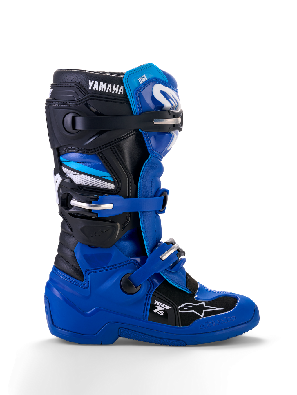 Alpinestars Yamaha Youth Tech 7S støvler, motocross-støvler, blå, sort og hvid, sideprofilvisning med justerbare spænder, TPU-beskyttelse, Yamaha-branding og forstærket sål til off-road ydeevne