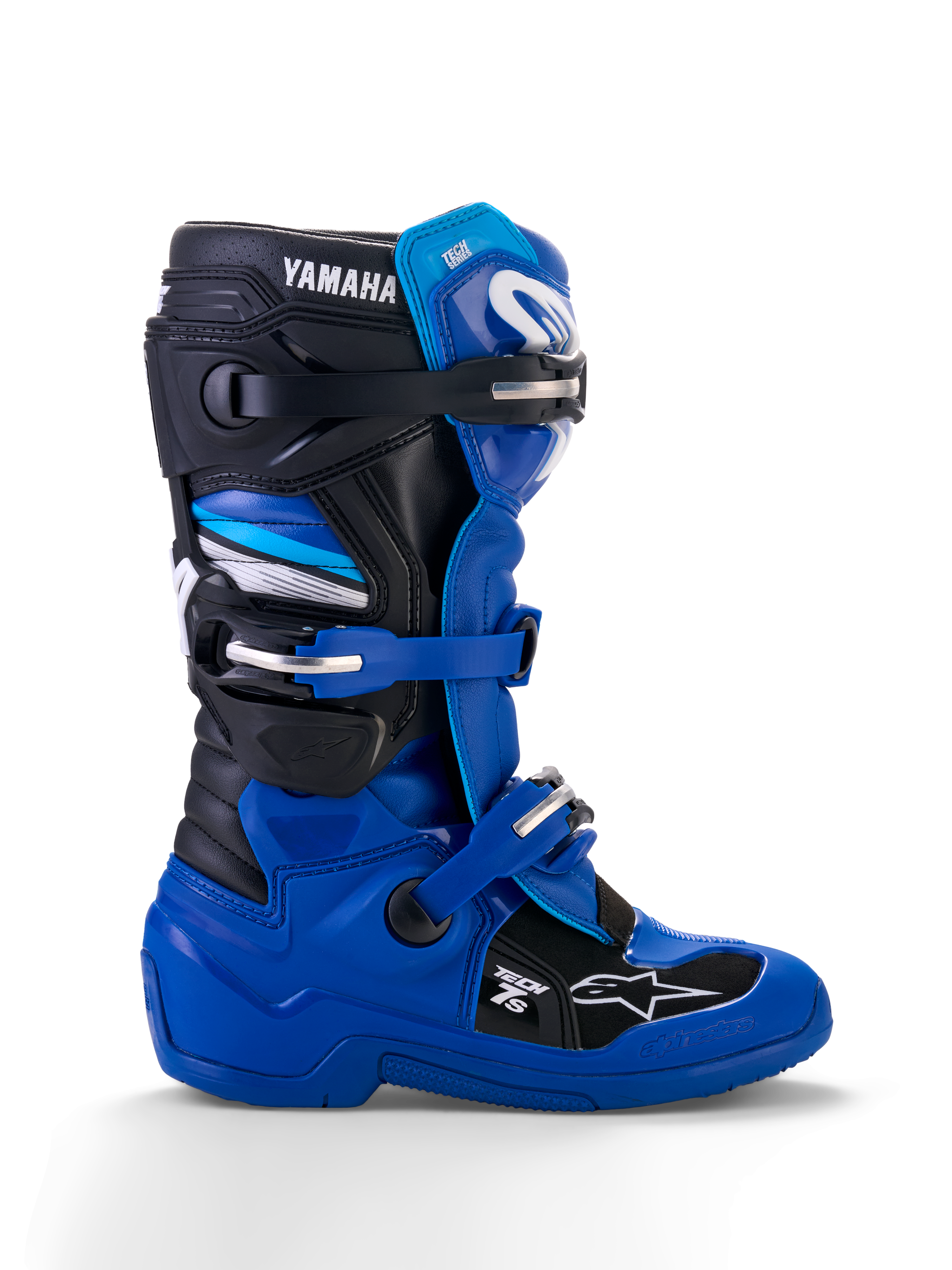 Alpinestars Yamaha Youth Tech 7S støvler, motocross-støvler, blå, sort og hvid, sideprofilvisning med justerbare spænder, TPU-beskyttelse, Yamaha-branding og forstærket sål til off-road ydeevne