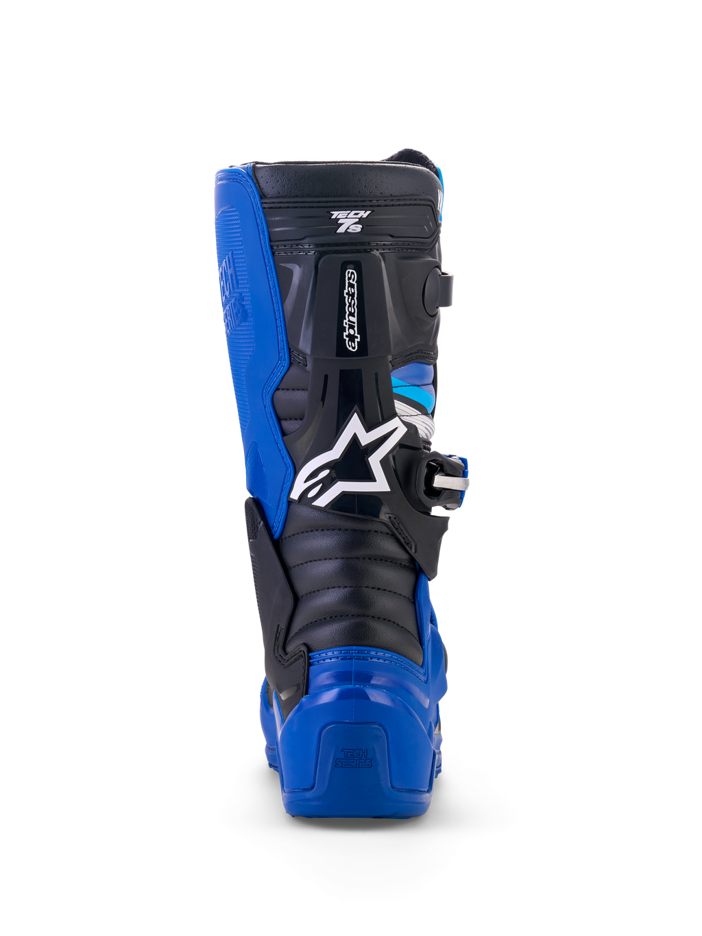 Alpinestars Yamaha Youth Tech 7S støvler, motocross-støvler, blå, sort og hvid, set bagfra der fremhæver TPU-hæl- og lægbeskyttelse, hvidt stjernelogo og holdbart pivotsystem-design