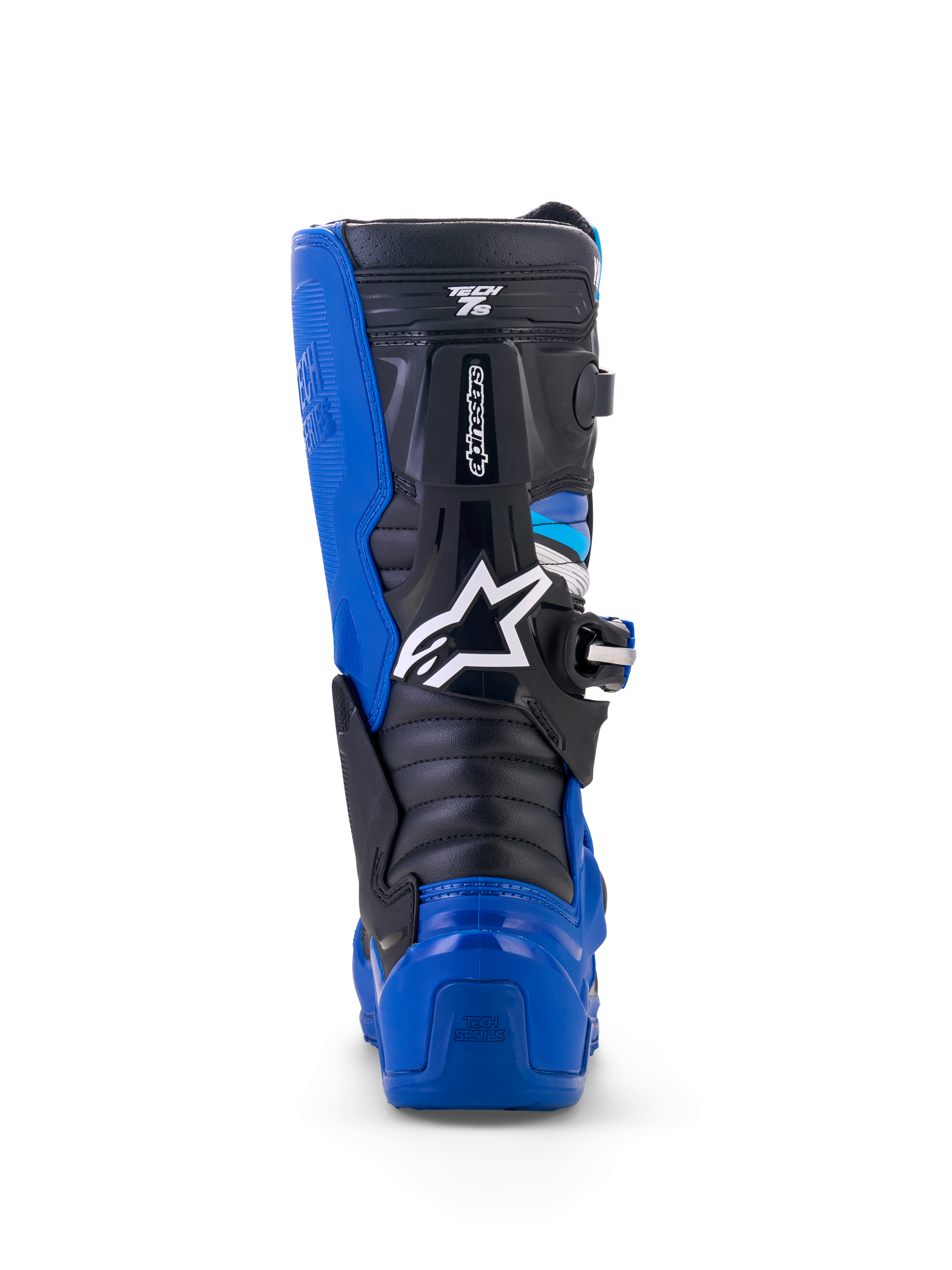 Alpinestars Yamaha Youth Tech 7S støvler, motocross-støvler, blå, sort og hvid, set bagfra der fremhæver TPU-hæl- og lægbeskyttelse, hvidt stjernelogo og holdbart pivotsystem-design