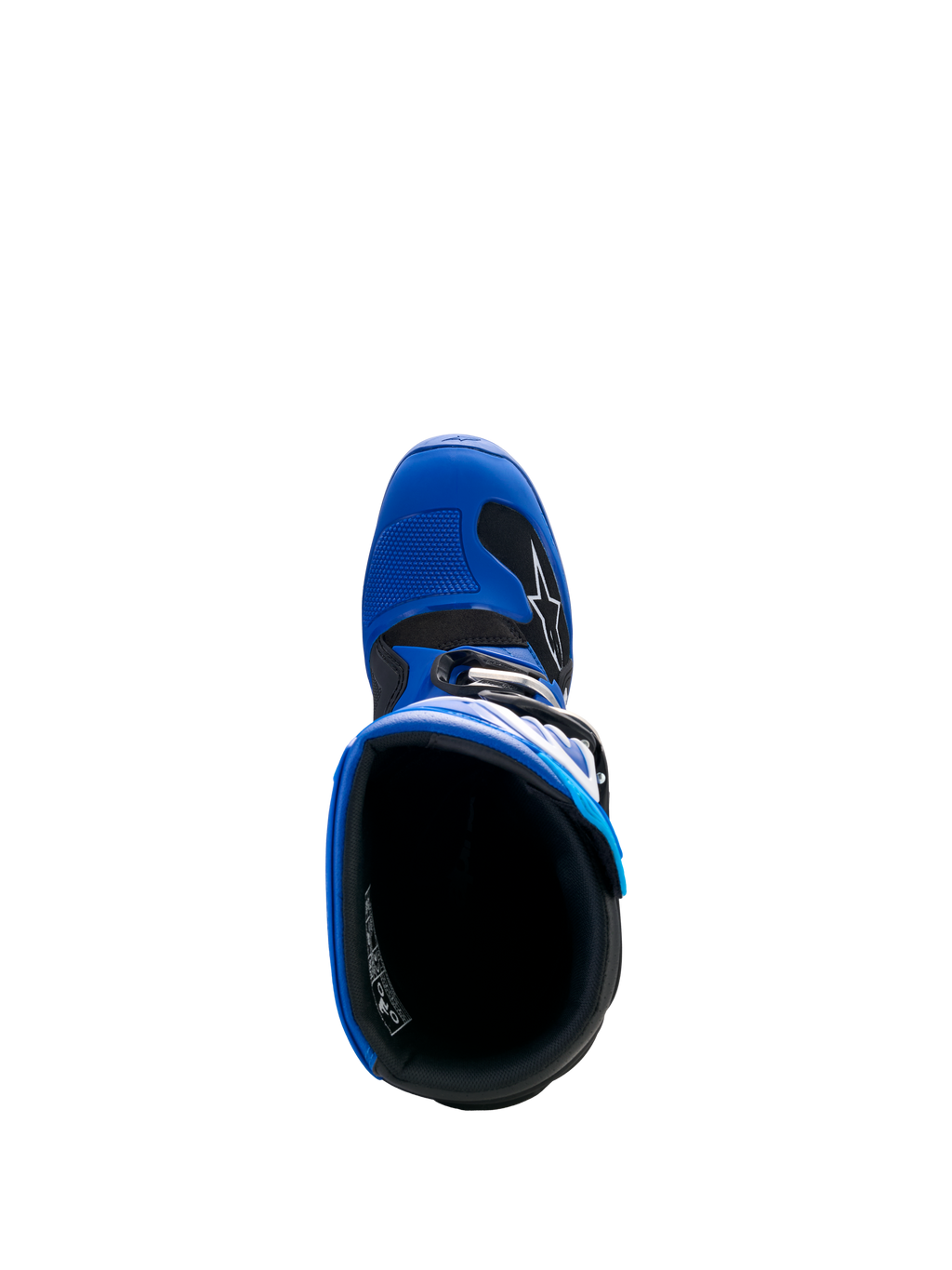 Alpinestars Yamaha Youth Tech 7S støvler, blå, sort og hvid, set oppefra og ned i støvlen, viser den indvendige foring og TPU-tåboks med gearskiftepude, beskyttende motocross-fodtøj til unge