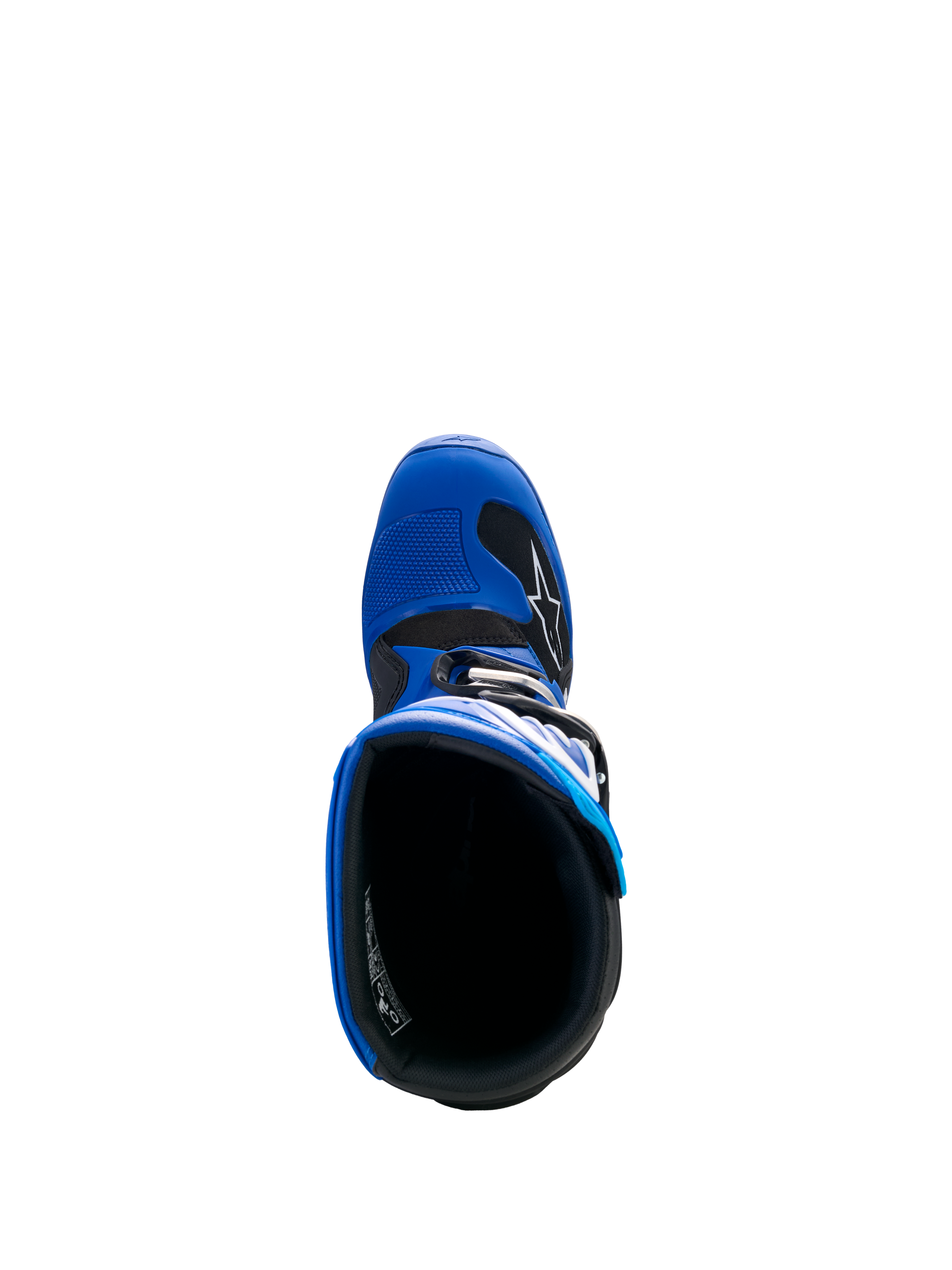 Alpinestars Yamaha Youth Tech 7S støvler, blå, sort og hvid, set oppefra og ned i støvlen, viser den indvendige foring og TPU-tåboks med gearskiftepude, beskyttende motocross-fodtøj til unge