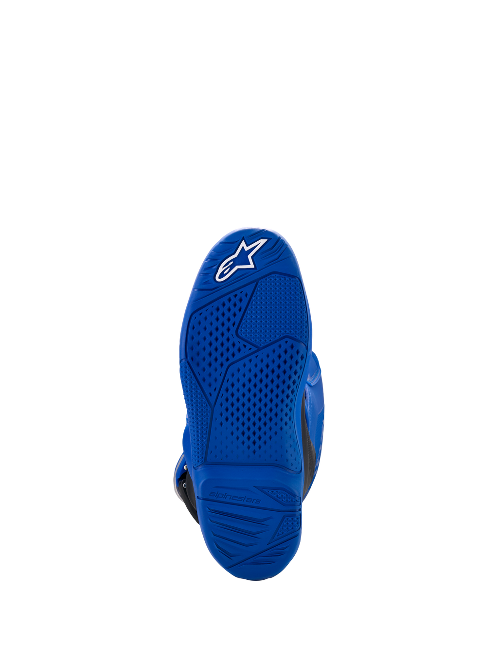Alpinestars Yamaha Youth Tech 7S støvler, blå, sålvisning med tekstureret grebsmønster og hvidt stjernelogo, holdbar gummikonstruktion til terrænkørsel